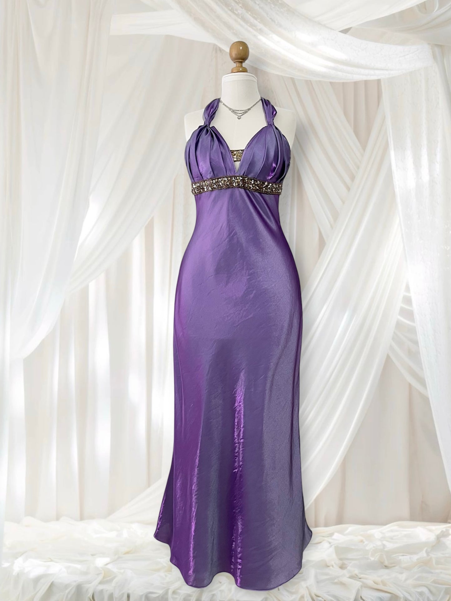 Iridescent purple gown with embellishments and hand embroidered rhinestones - Size M