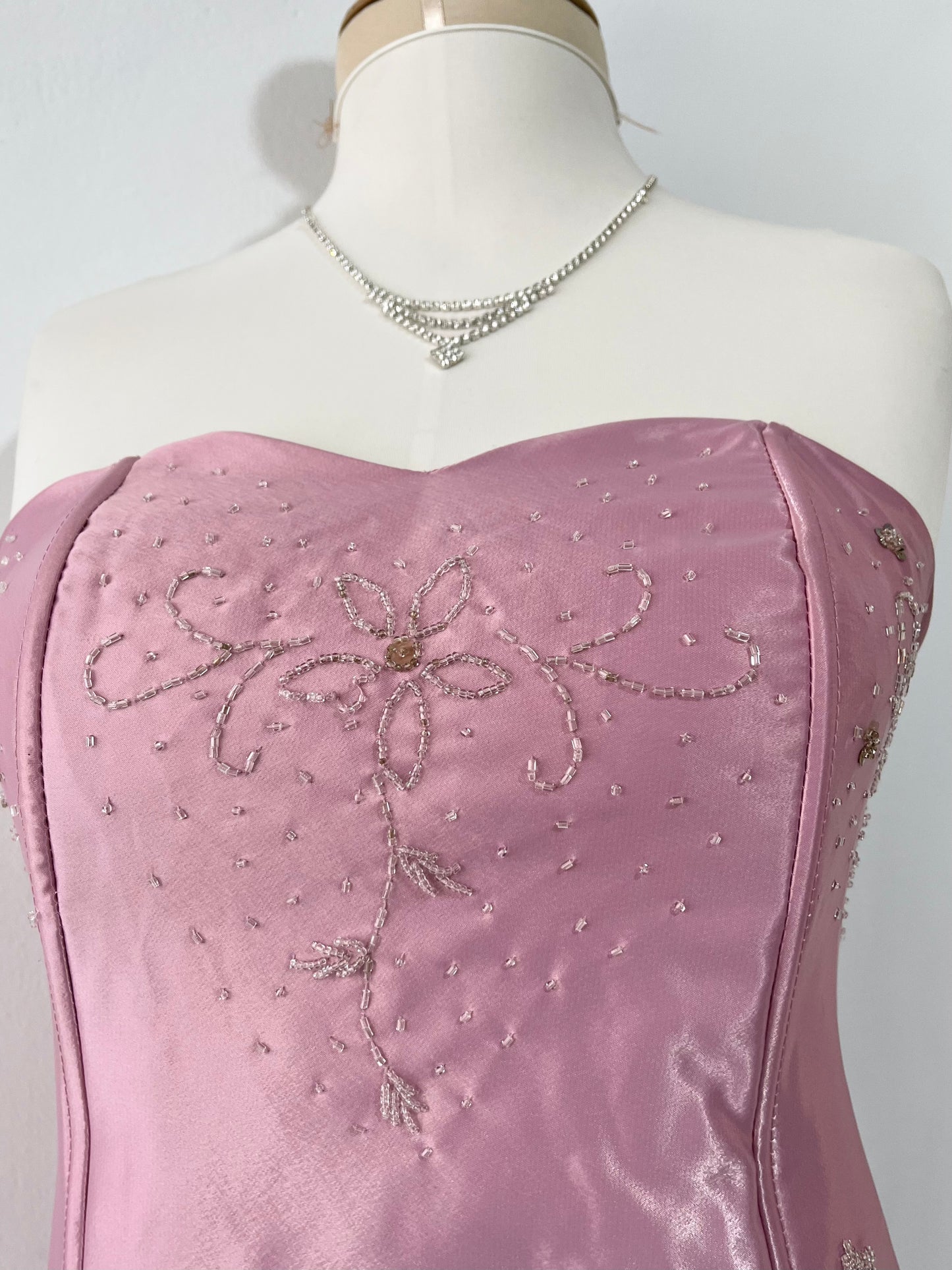 Mauve pink corset gown with sequin designs and hand-embroidered embellishments-size M