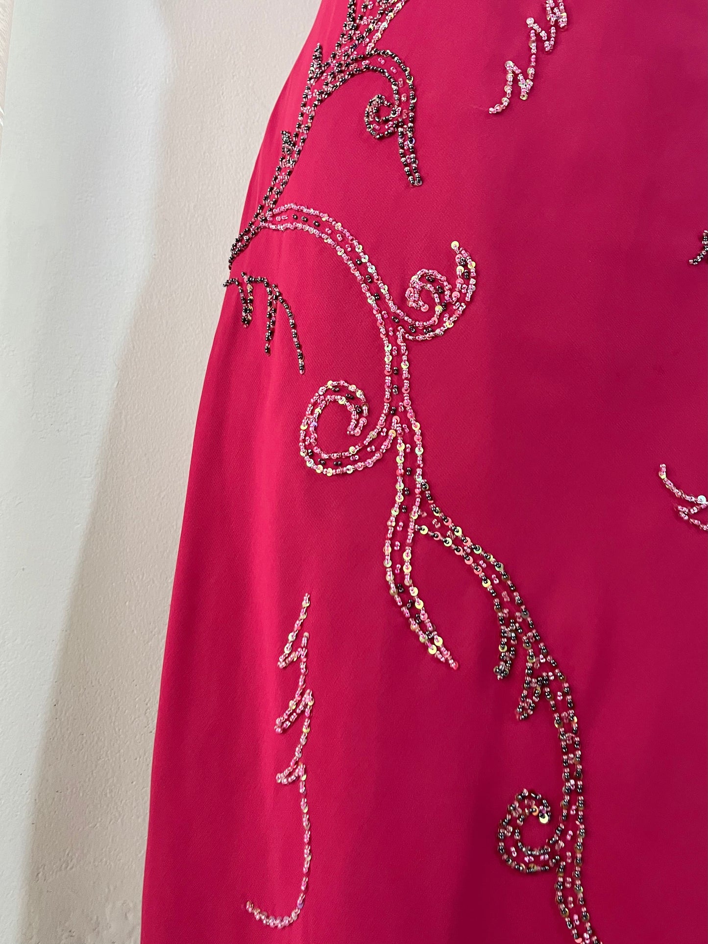 Fuchsia Midi Dress with Butterfly Sleeves and hand-embroidered rhinestone details- size XL