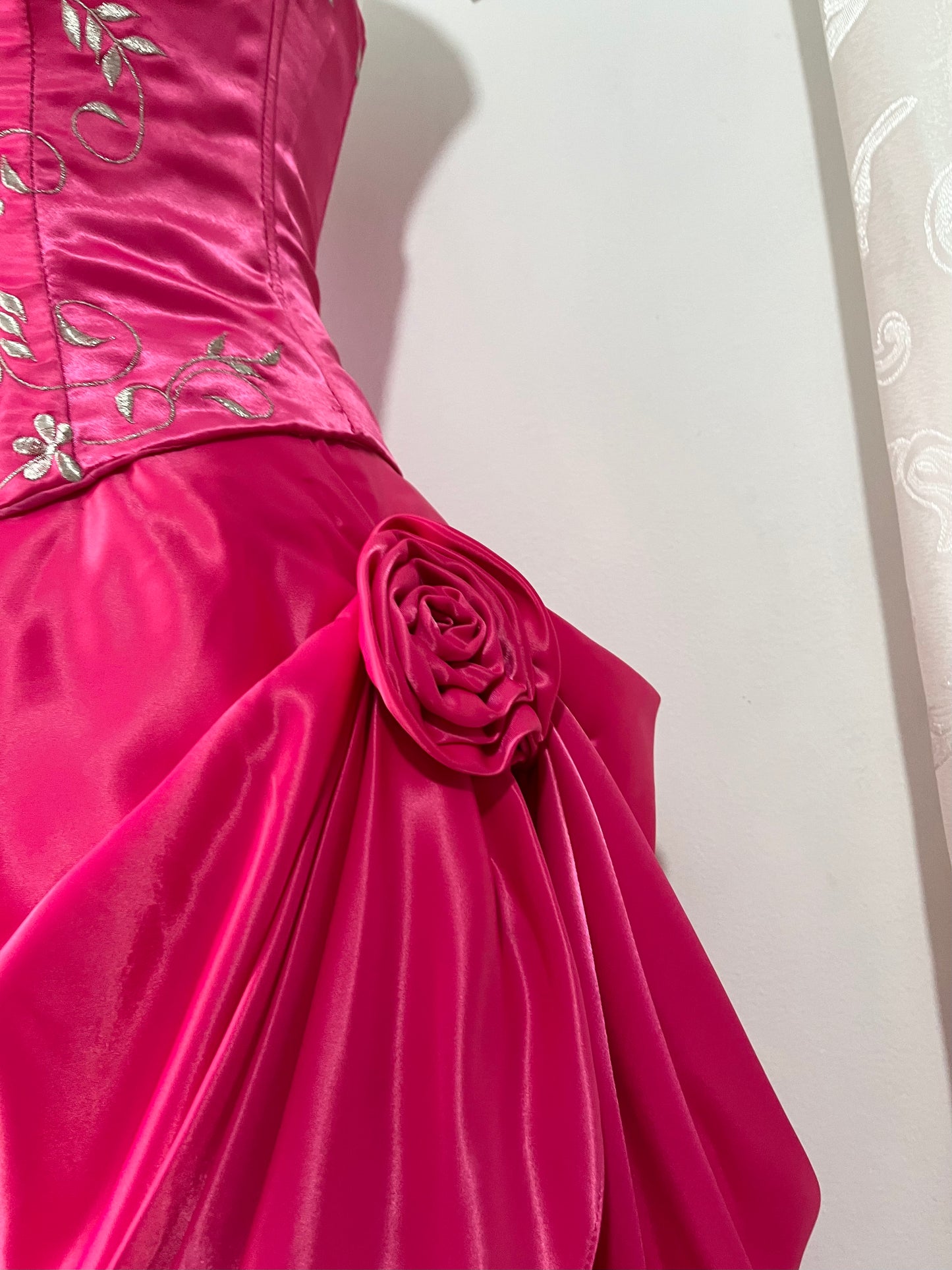 Fuchsia corset princess dress with floral embroidery, satin silk skirt with pearly chiffon lining- size XS