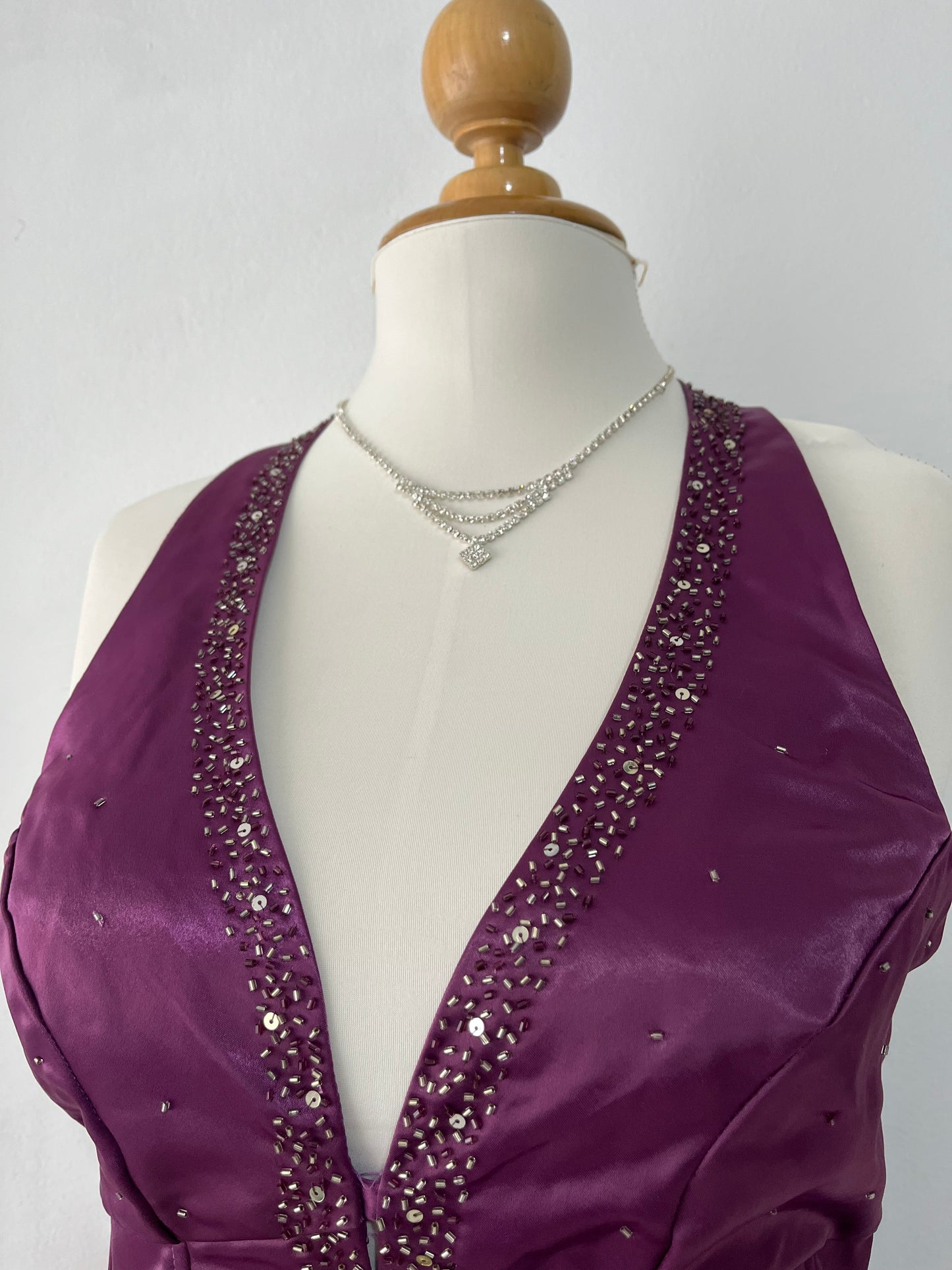 Purple satin corset dress with halter neckline and embroidered embellishments-size L