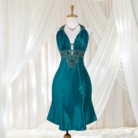 Teal satin beaded corset mini dress
