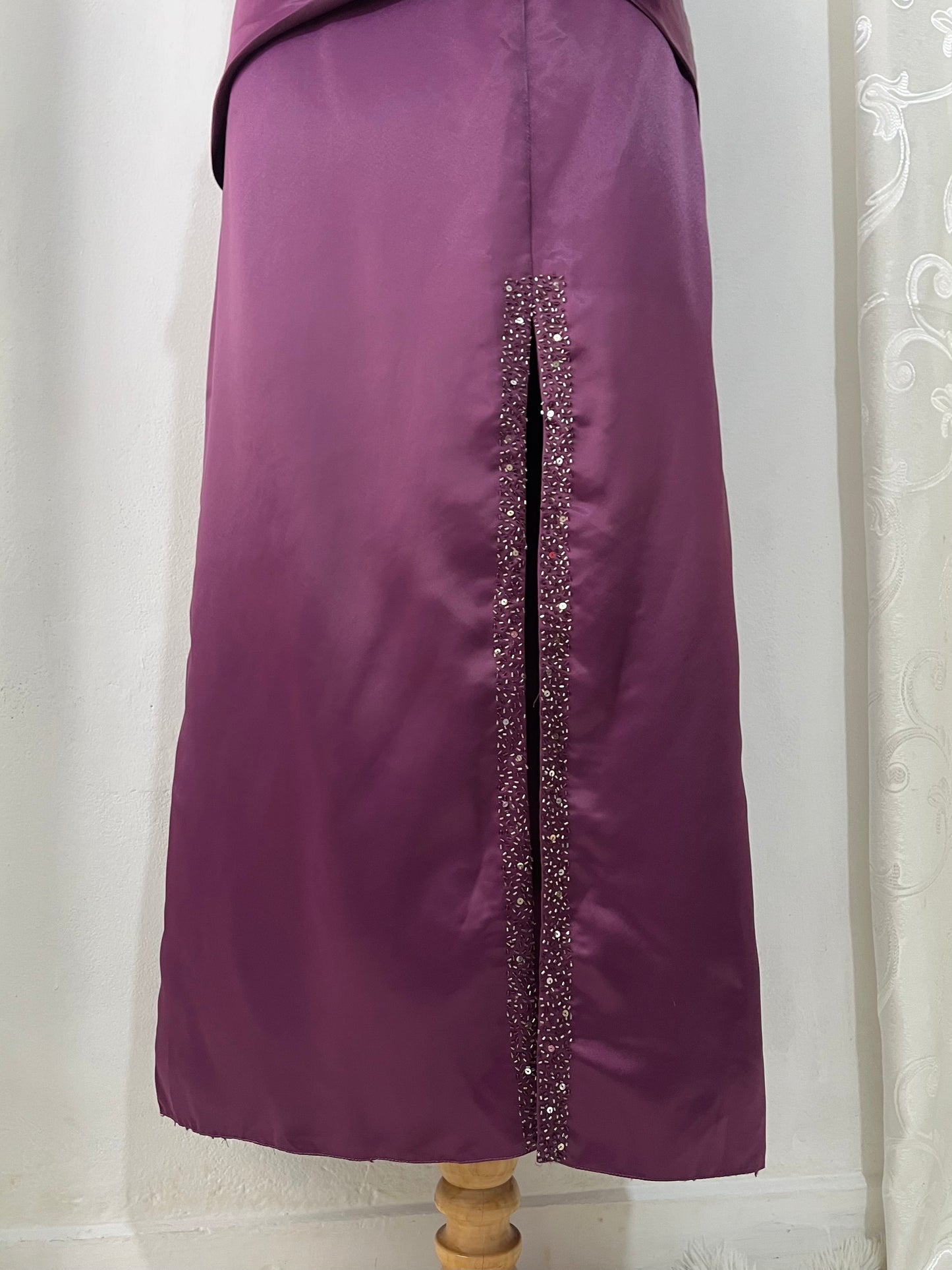 Purple satin corset dress with halter neckline and embroidered embellishments-size L