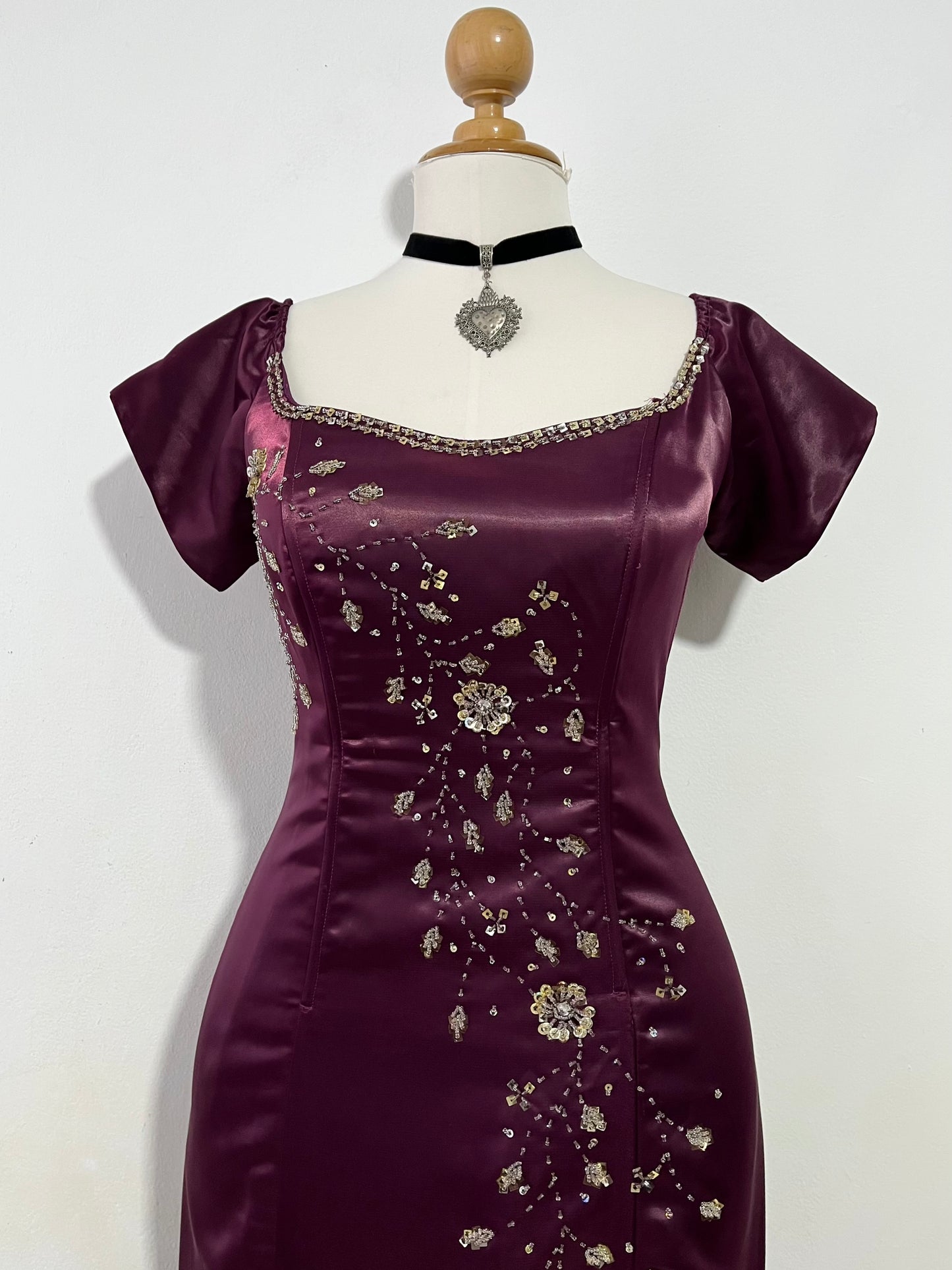 Wine purple satin corset dress with exquisite sequin and rhinestone embroidery- L/XL