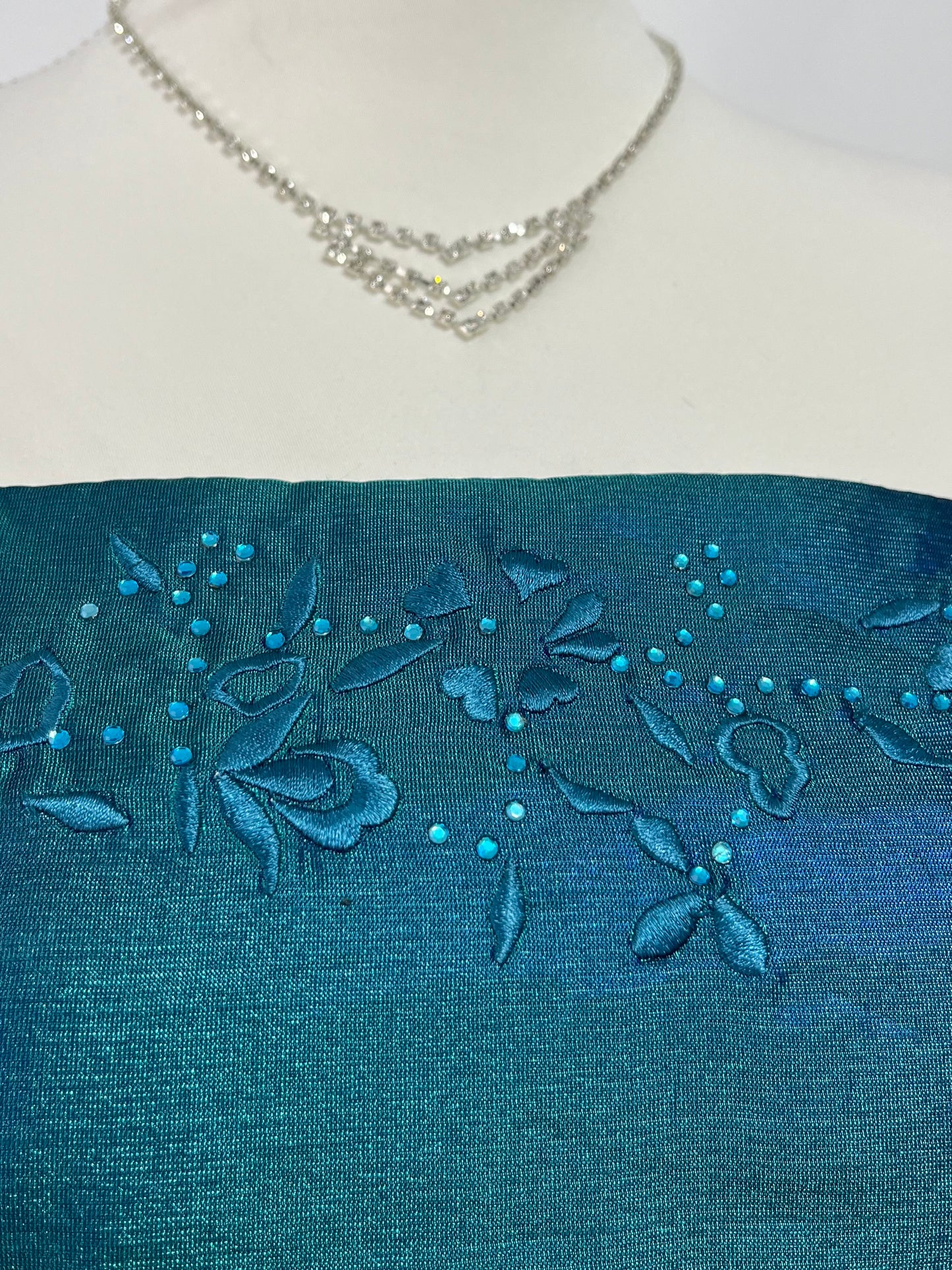 Teal corset dress in iridescent taffeta with floral appliqués and embroidery- size S