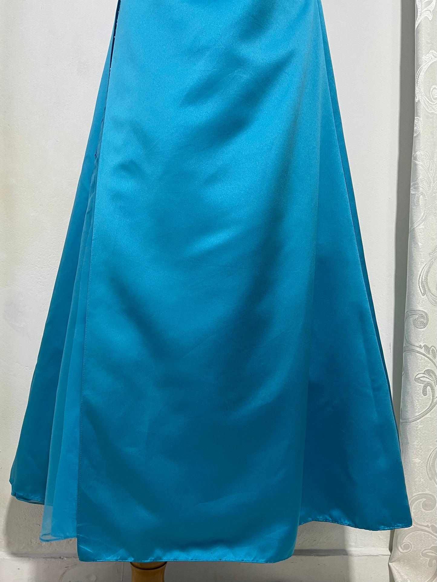 Turquoise sweetheart neckline gala gown with floral embellishments and asymmetric draped detail - size M