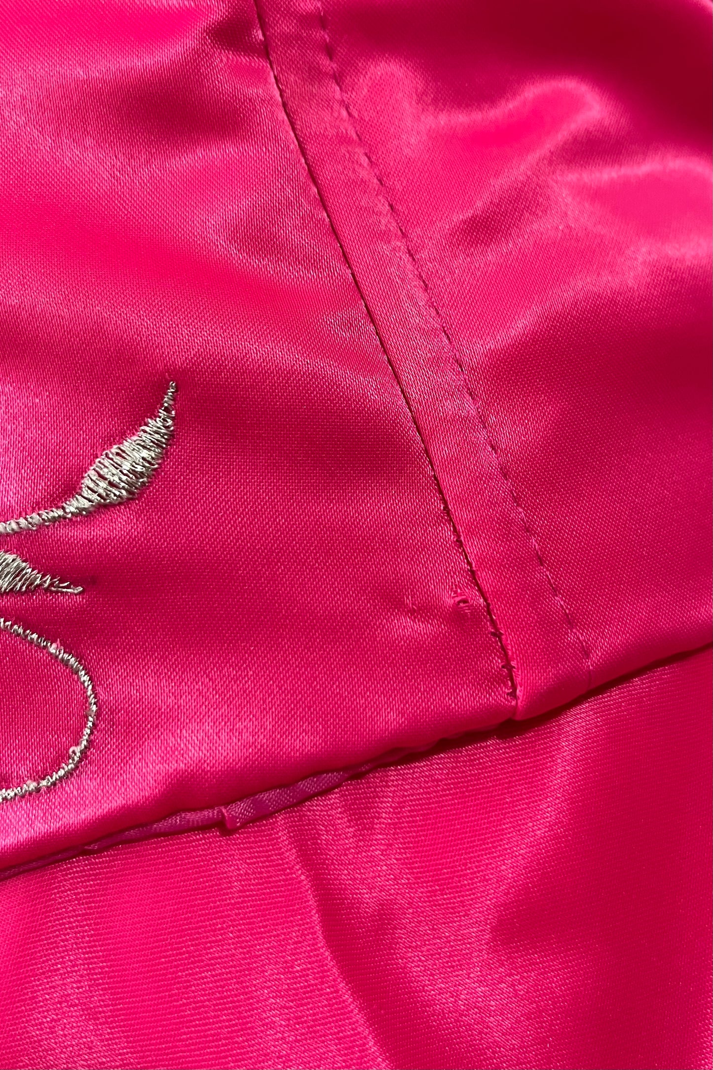 Fuchsia corset princess dress with floral embroidery, satin silk skirt with pearly chiffon lining- size XS