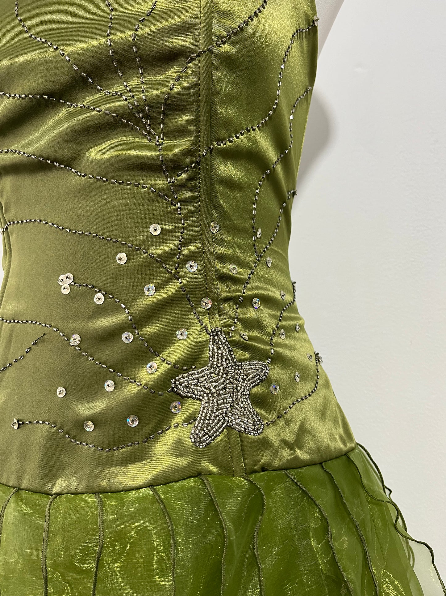 Olive green high-low corset dress with hand-embroidered rhinestones and ruffles- size S
