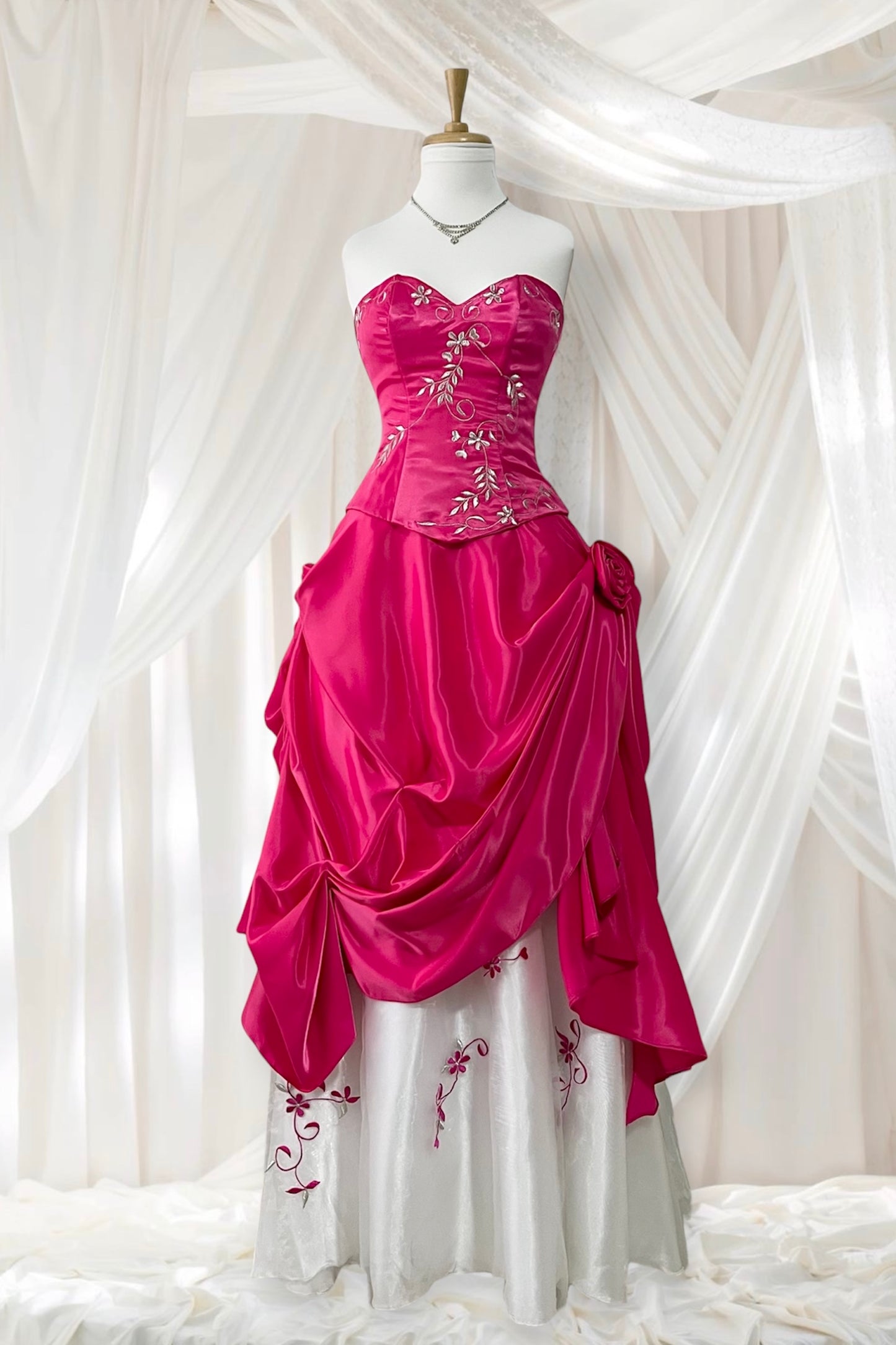 Fuchsia corset princess dress with floral embroidery, satin silk skirt with pearly chiffon lining- size XS