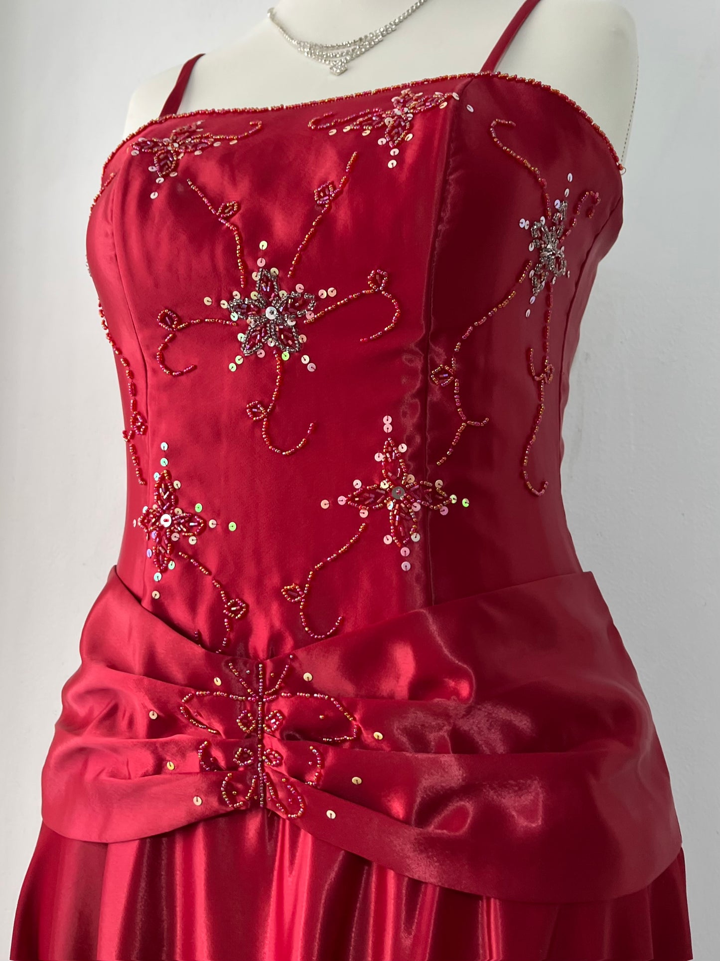 Crimson red gown with corset and hand-embroidered embellishments- size M