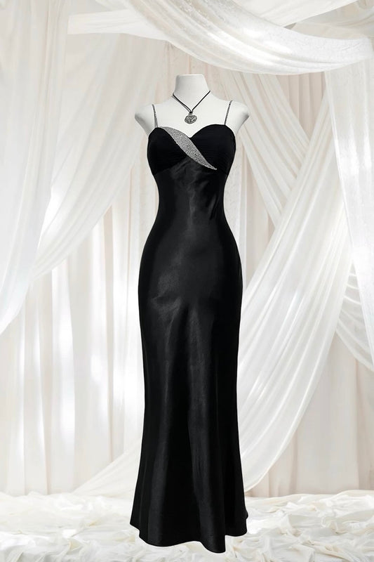 Noir silk satin dress with silver appliqués