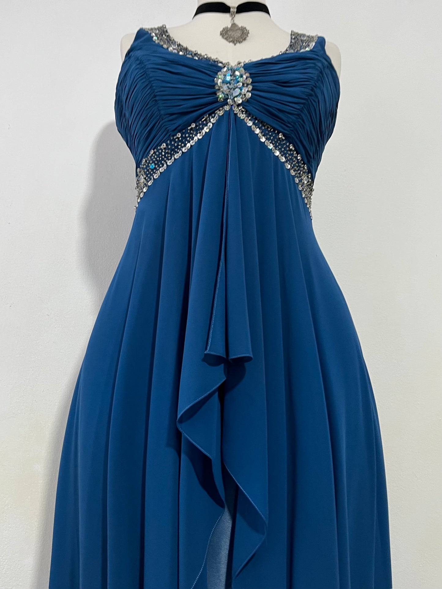 Navy blue corset dress in satin and tulle with rhinestone embroidery- size L/XL