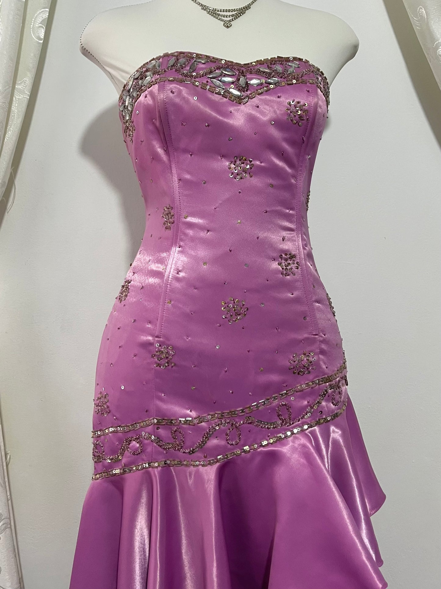 Asymmetrical midi corset dress in lilac pink satin with rhinestone and bead embroidery- size S