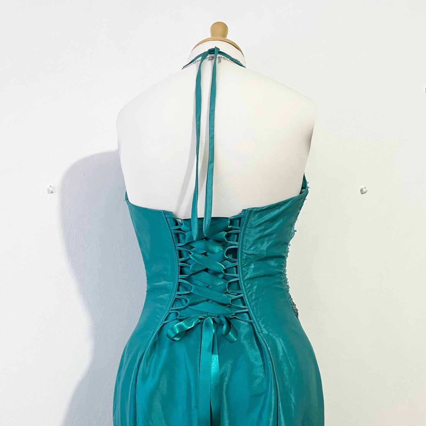 Teal mermaid style corset dress with hand embroidered rhinestones and beads-size S