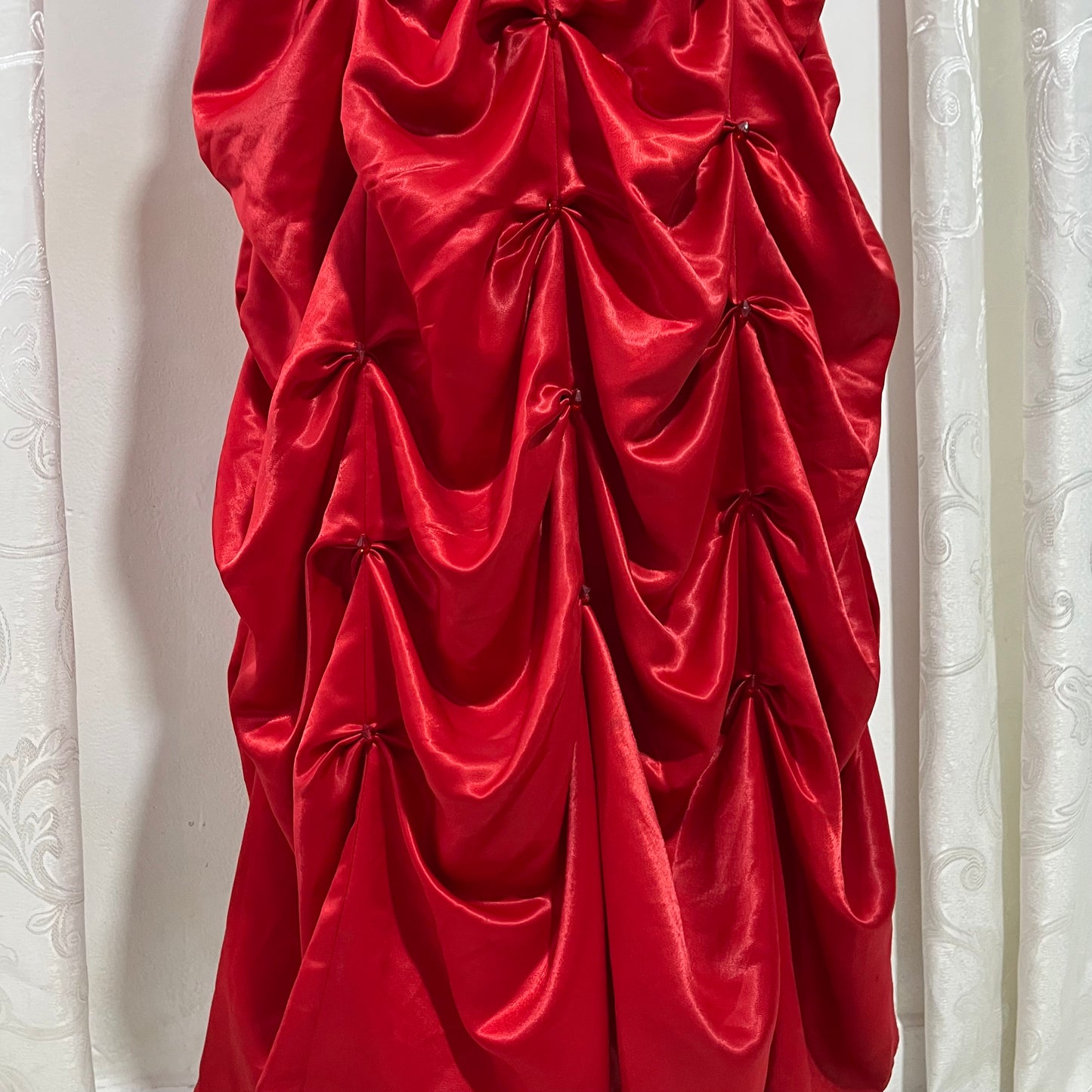 Red strapless corset evening gown with sequins and hand-sewn rhinestones- size M/L