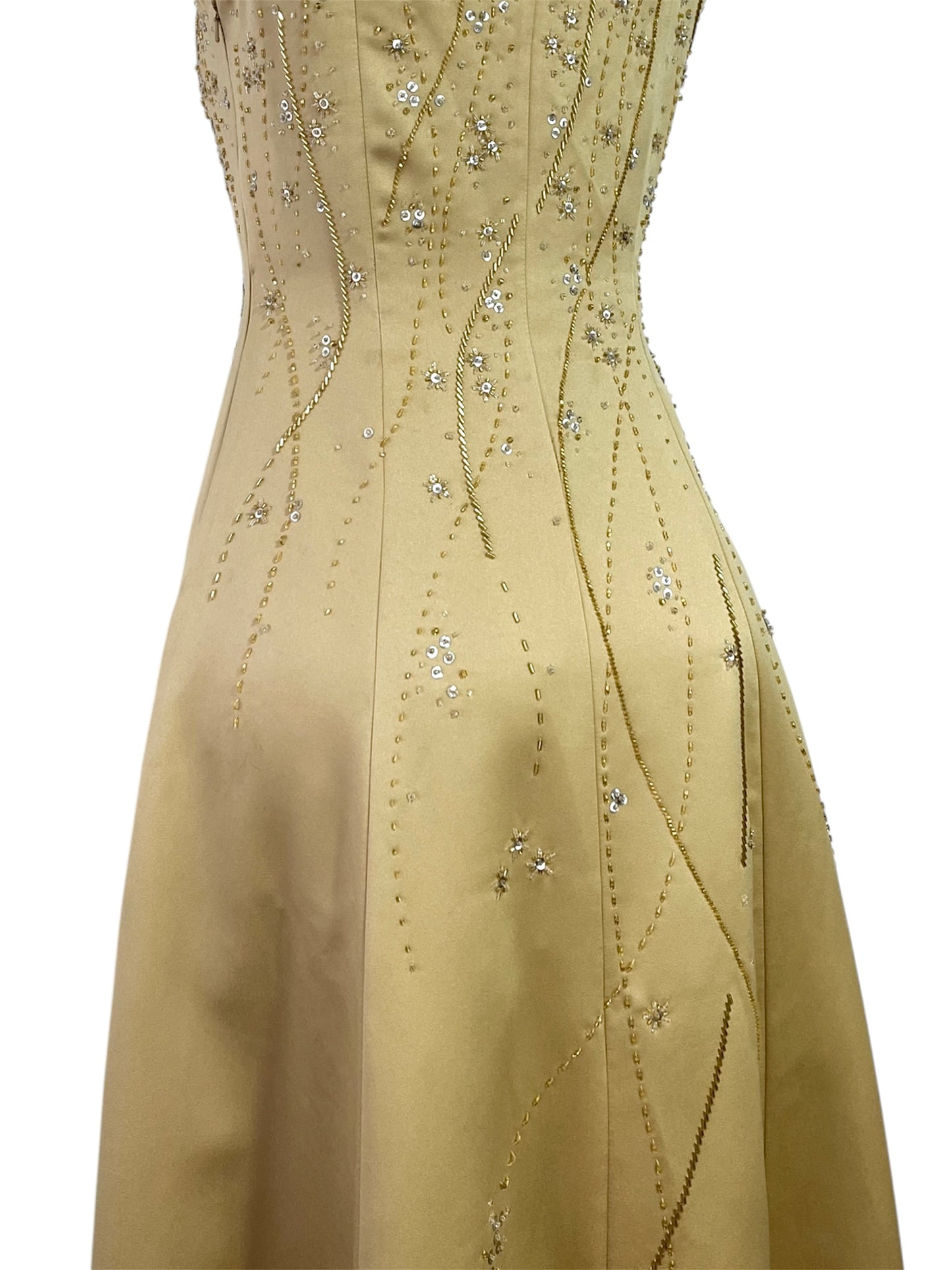 Champagne evening dress with exquisite handmade floral embroidery- size S