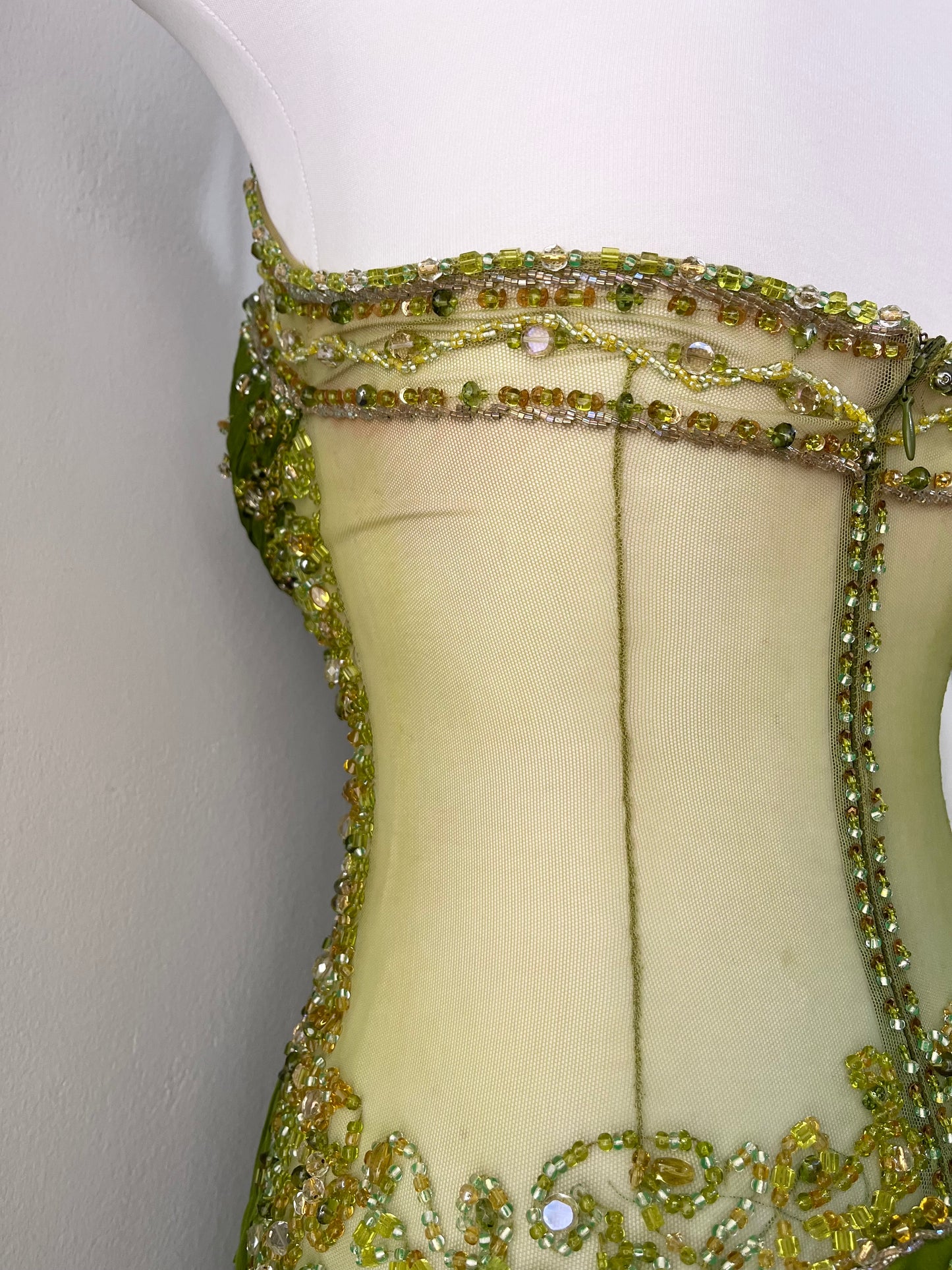 Dreamy fairy olive green dress with rhinestone and bead embroidery