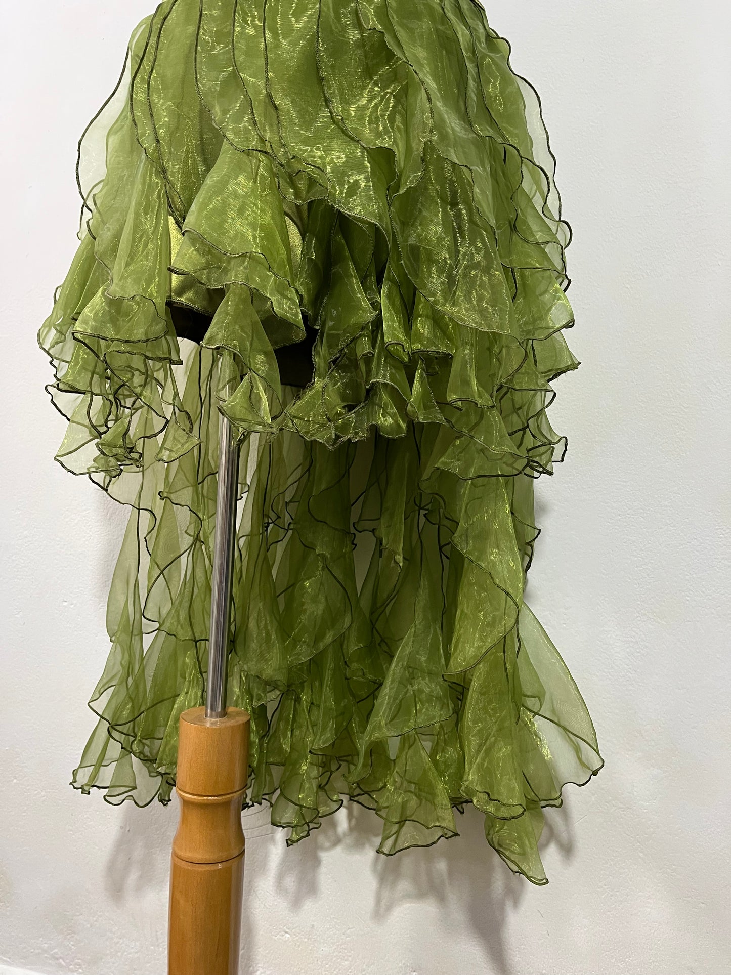 Olive green high-low corset dress with hand-embroidered rhinestones and ruffles- size S