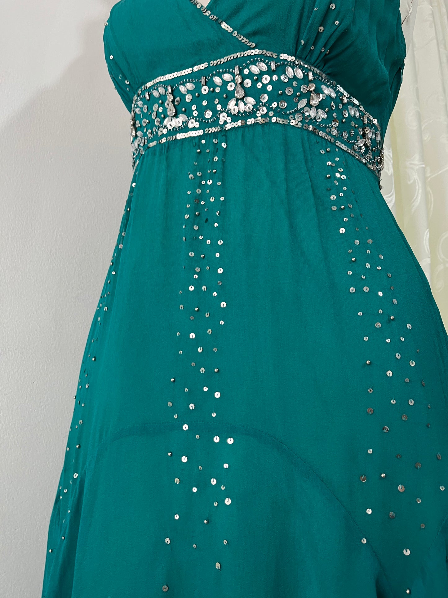Teal silk dress with hand-embroidered sequins and rhinestones-one size: M