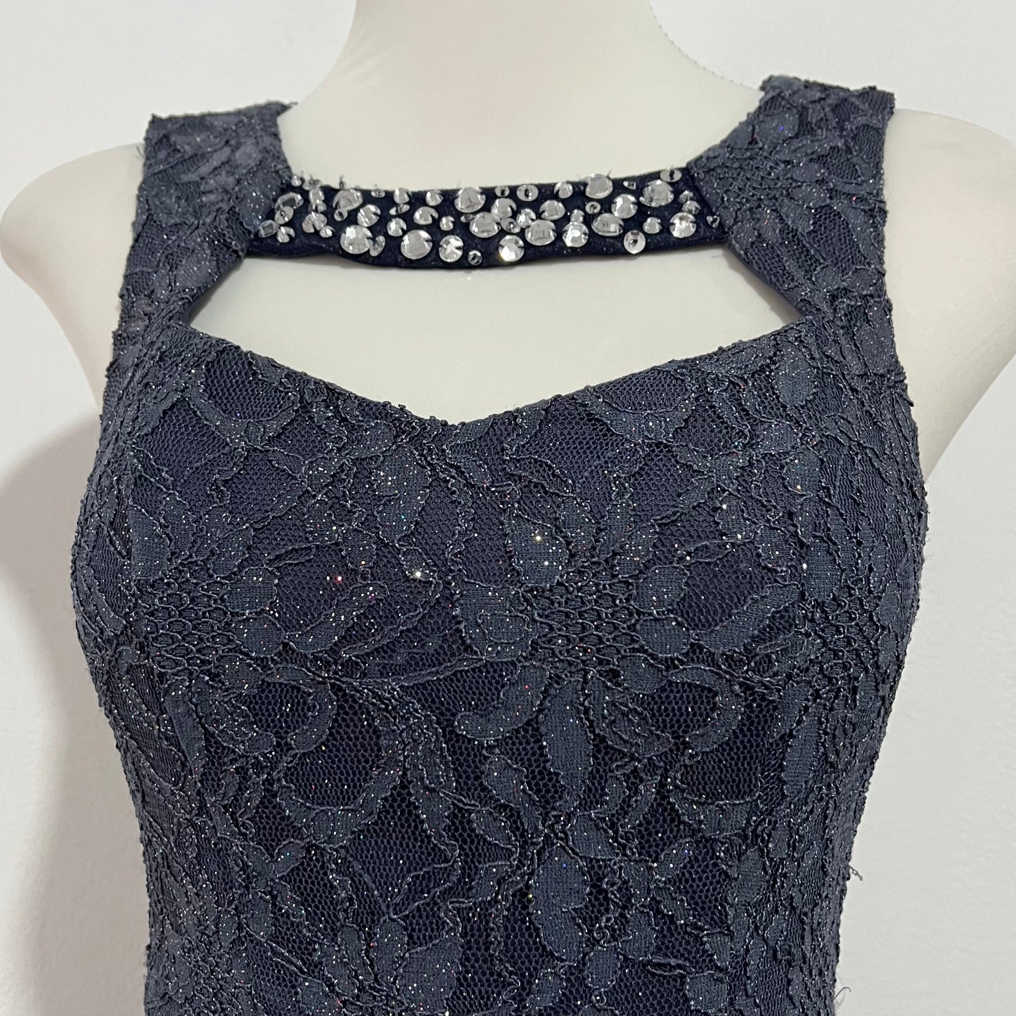 Lace maxi dress with silver appliqués, mermaid cut, beaded embroidery on the bodice, and a side slit- size S