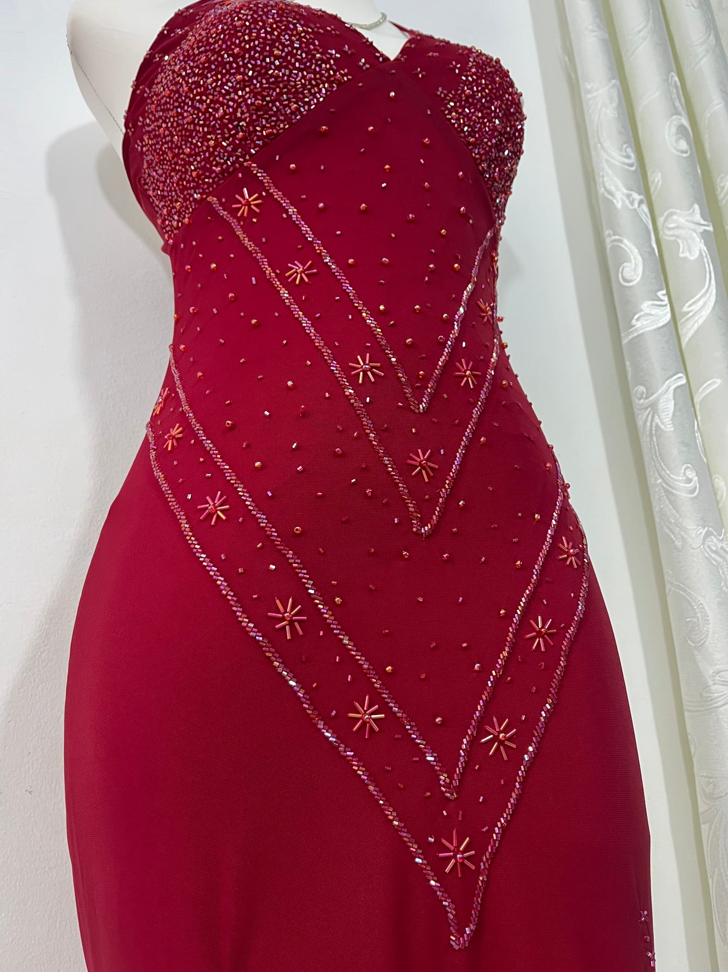 Red dress with rhinestone and fine sequin embroidery