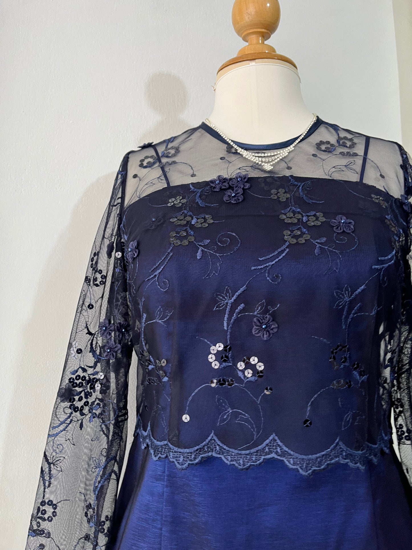Captivating deep navy blue gown + Mesh cape with embroidery designs- Size M