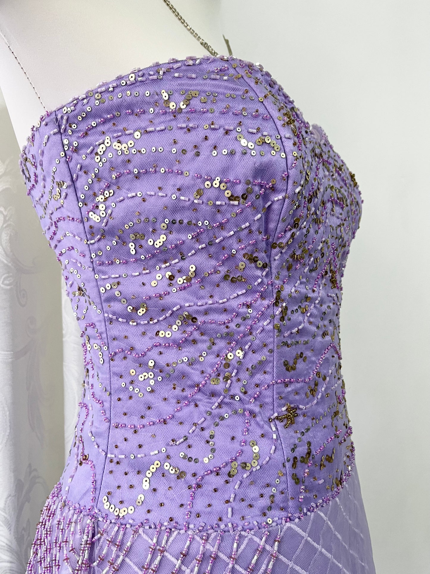 Lilac corset princess dress with exquisite embroidery of embellishments and sequins- size S