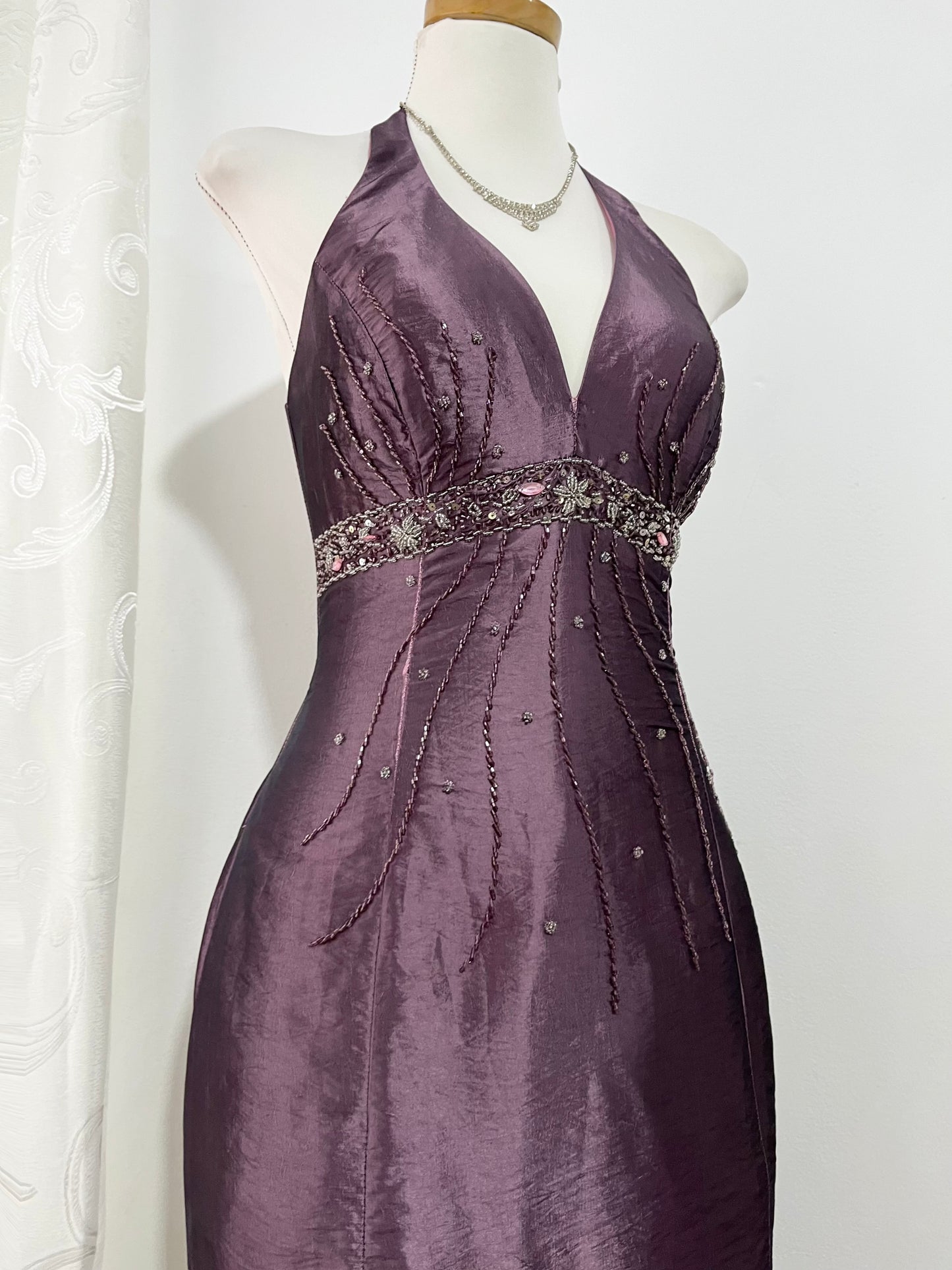 Iridescent taffeta purple corset dress with exquisite hand-embroidered sequins and rhinestones- size S