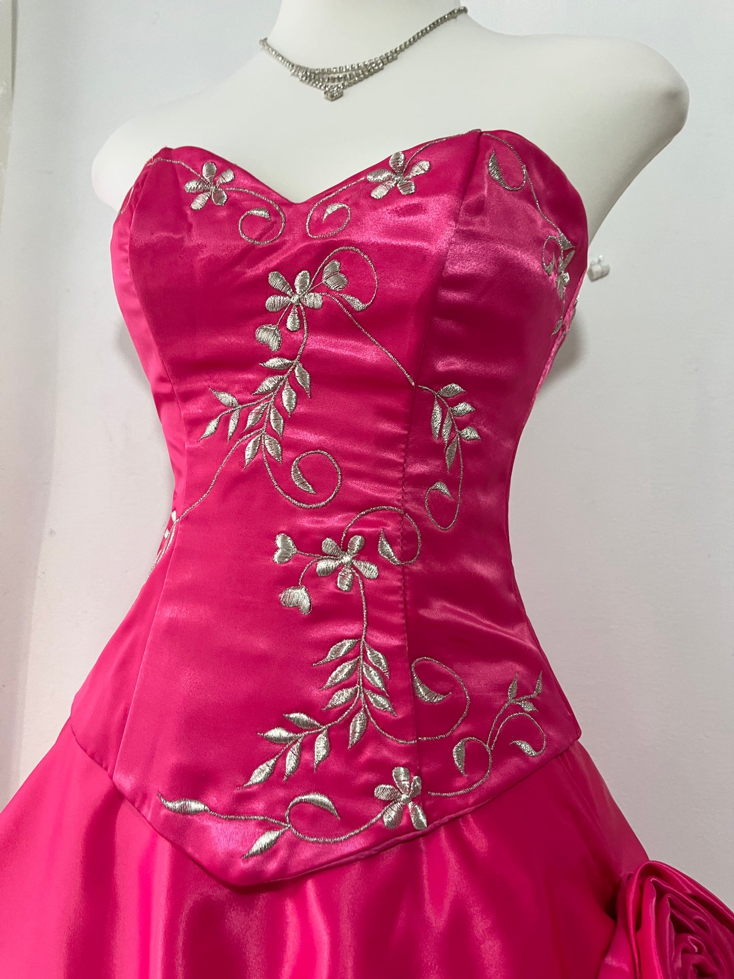 Fuchsia corset princess dress with floral embroidery, satin silk skirt with pearly chiffon lining- size XS