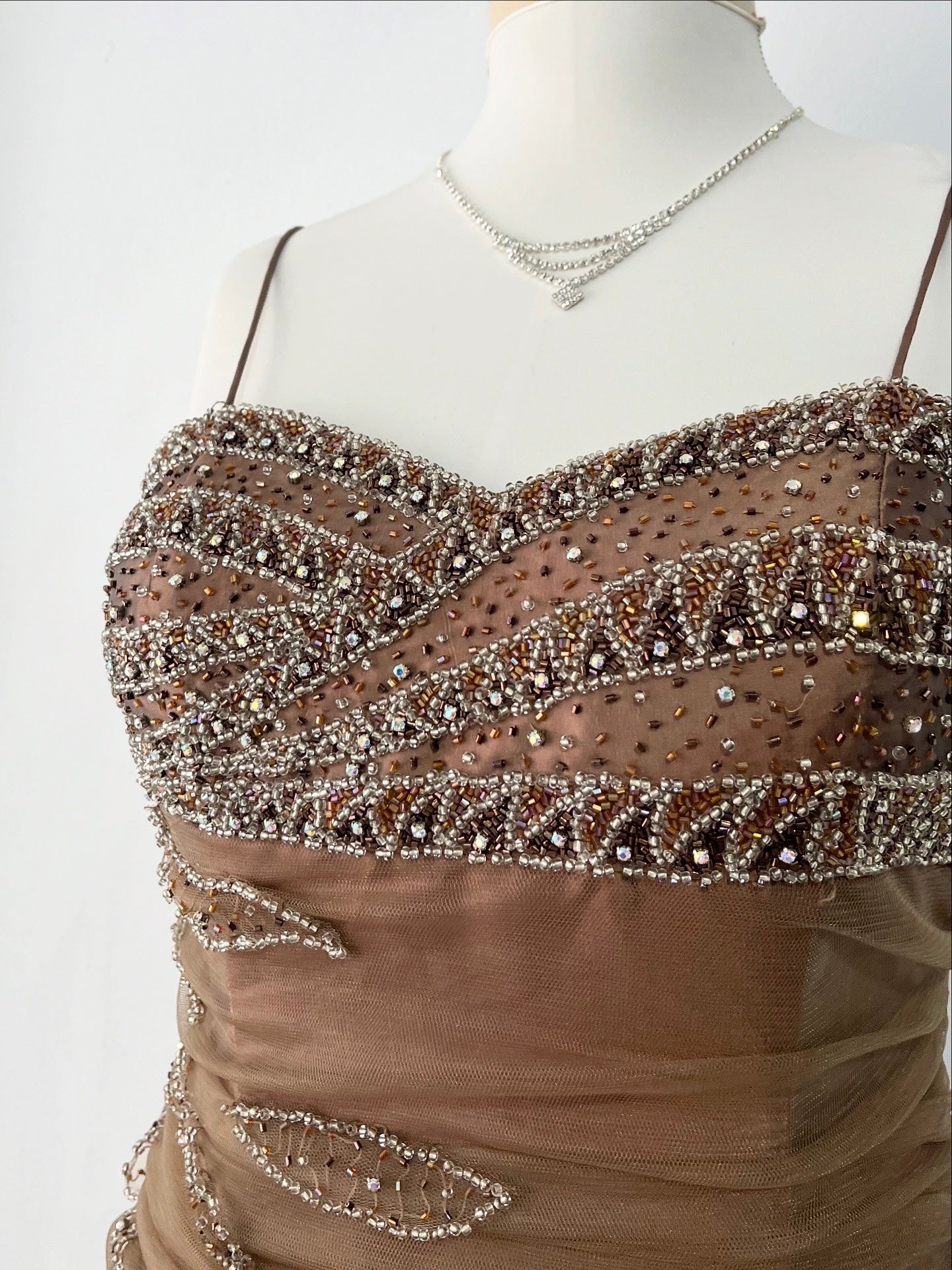 Bronze evening gown with embroidered designs of rhinestones and embellishments-size M