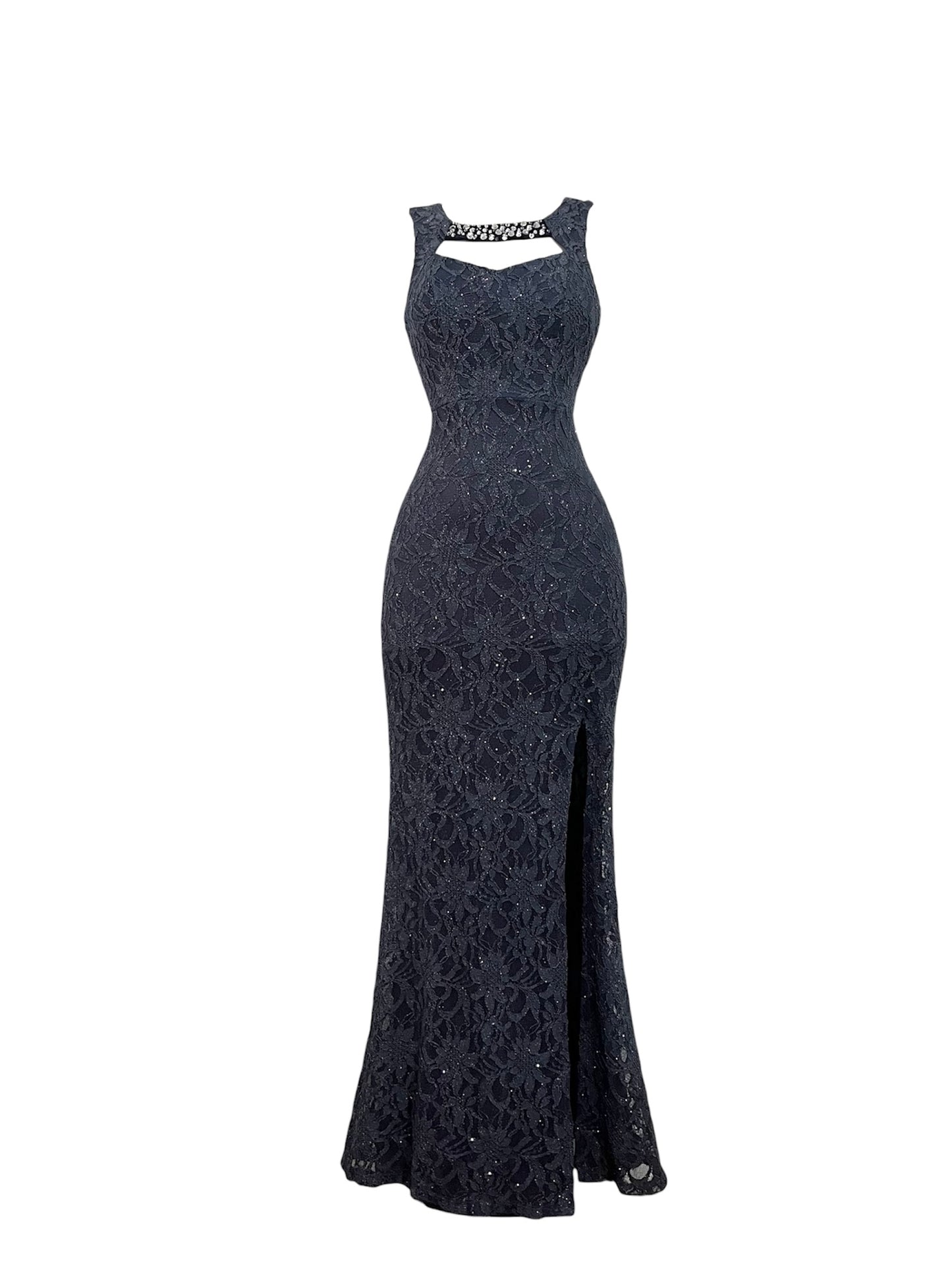 Lace maxi dress with silver appliqués, mermaid cut, beaded embroidery on the bodice, and a side slit- size S