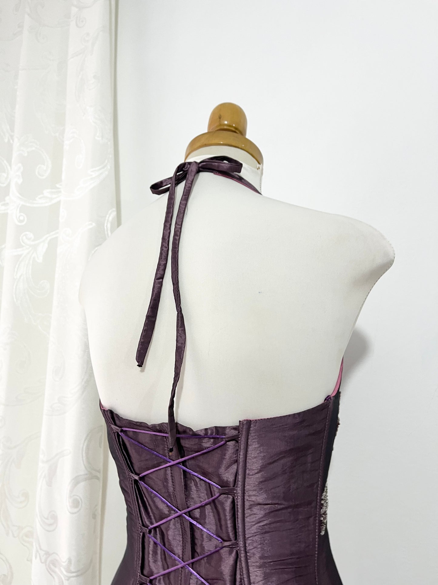 Iridescent taffeta purple corset dress with exquisite hand-embroidered sequins and rhinestones- size S
