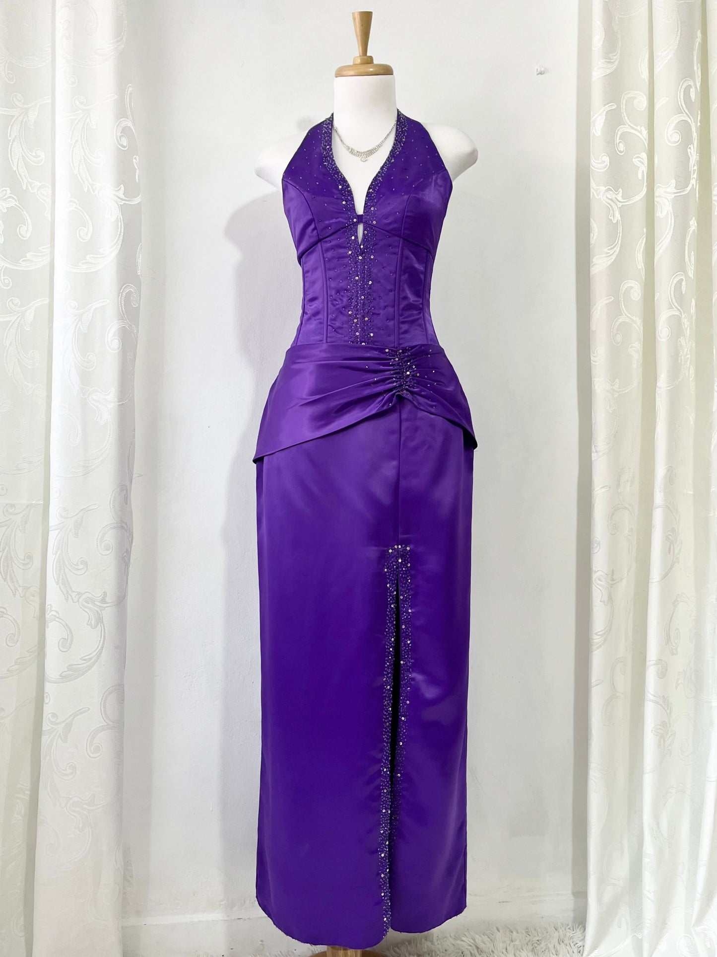 Royal purple corset gown with sequins and bead embellishments-size S