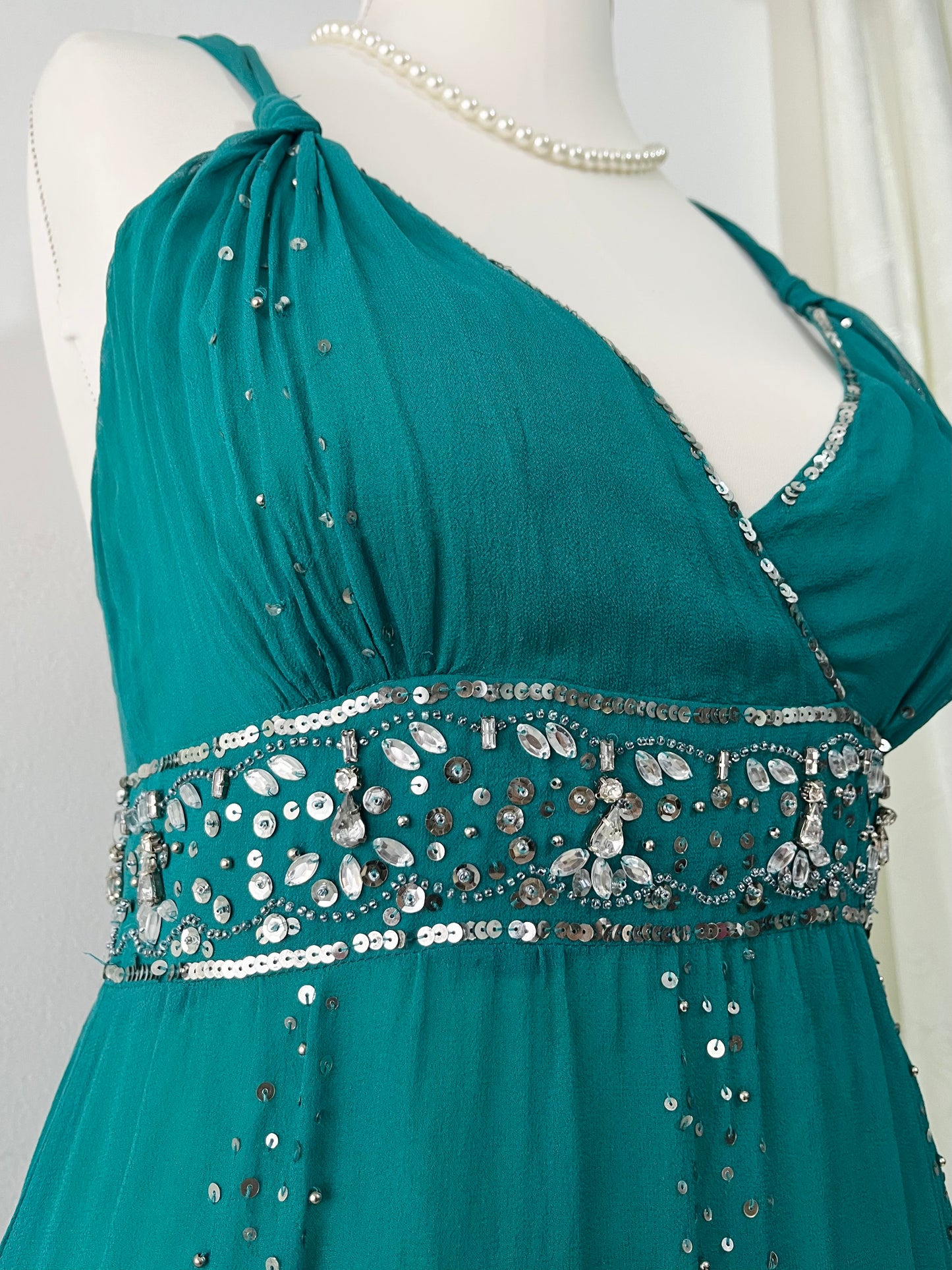 Teal silk dress with hand-embroidered sequins and rhinestones-one size: M