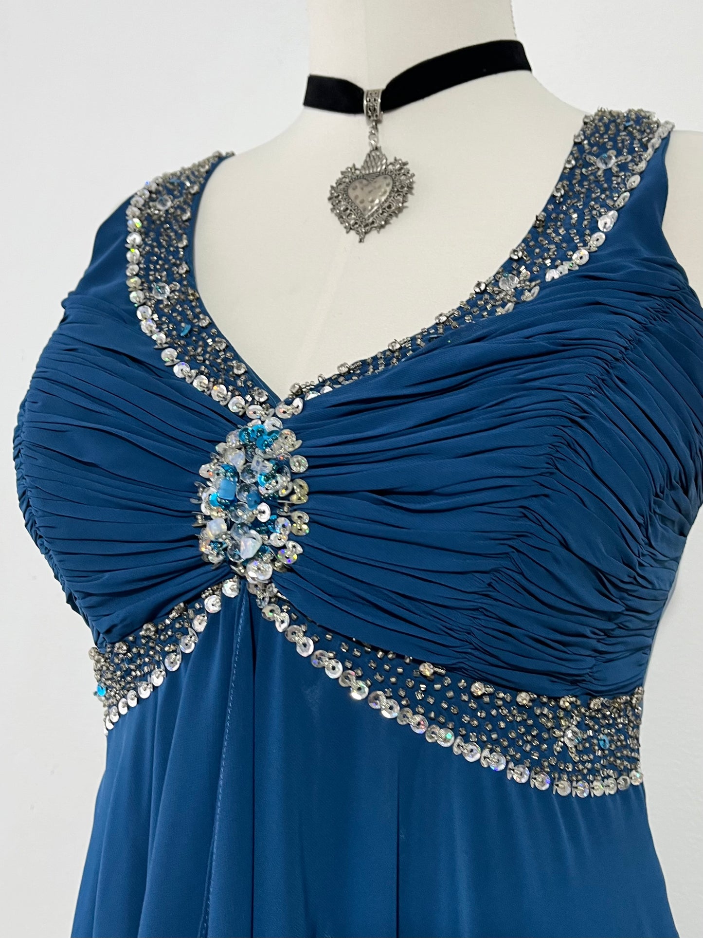 Navy blue corset dress in satin and tulle with rhinestone embroidery- size L/XL