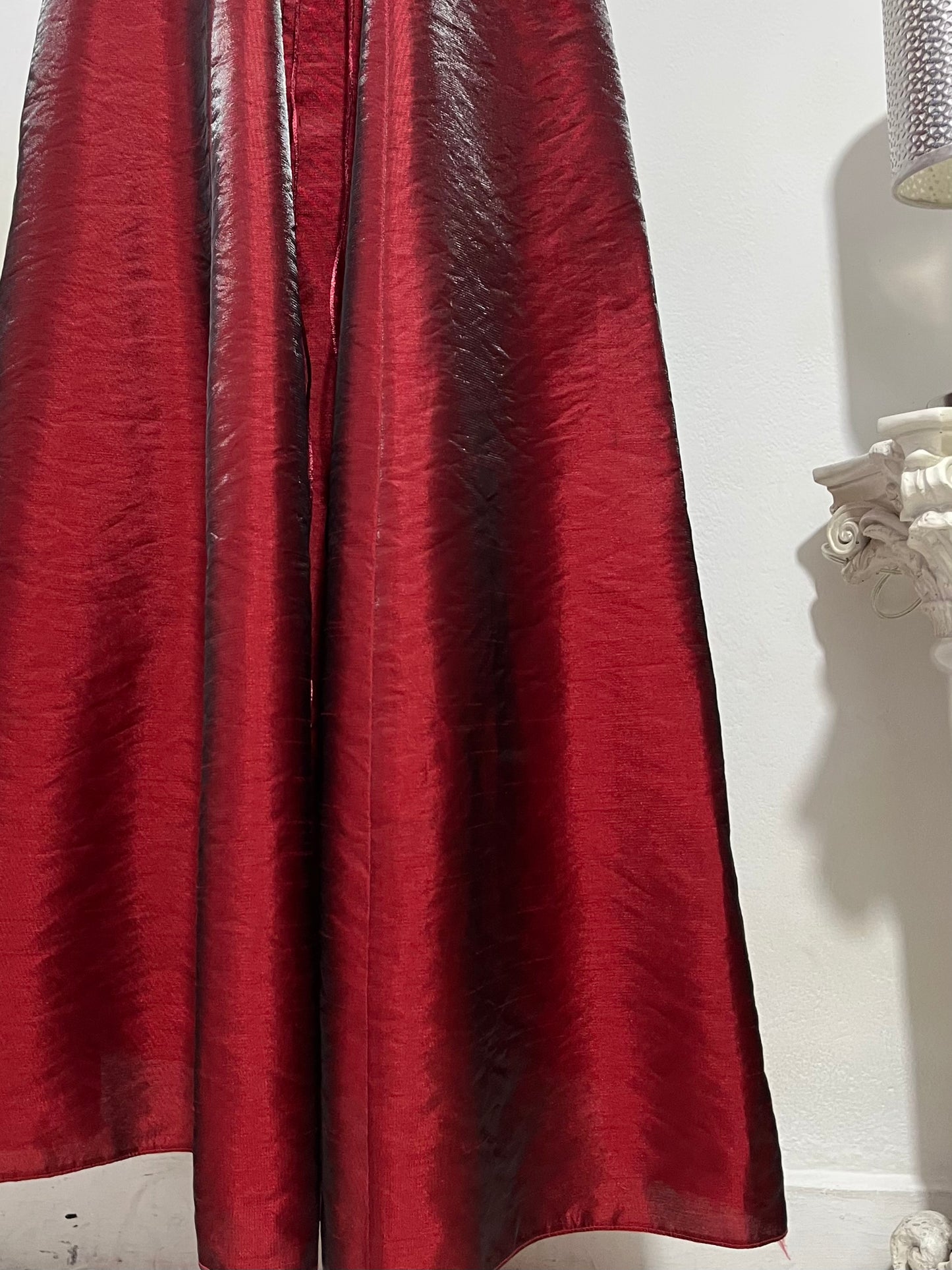 Strapless corset dress in crimson burgundy taffeta with hand-embroidered rhinestones and embellishments