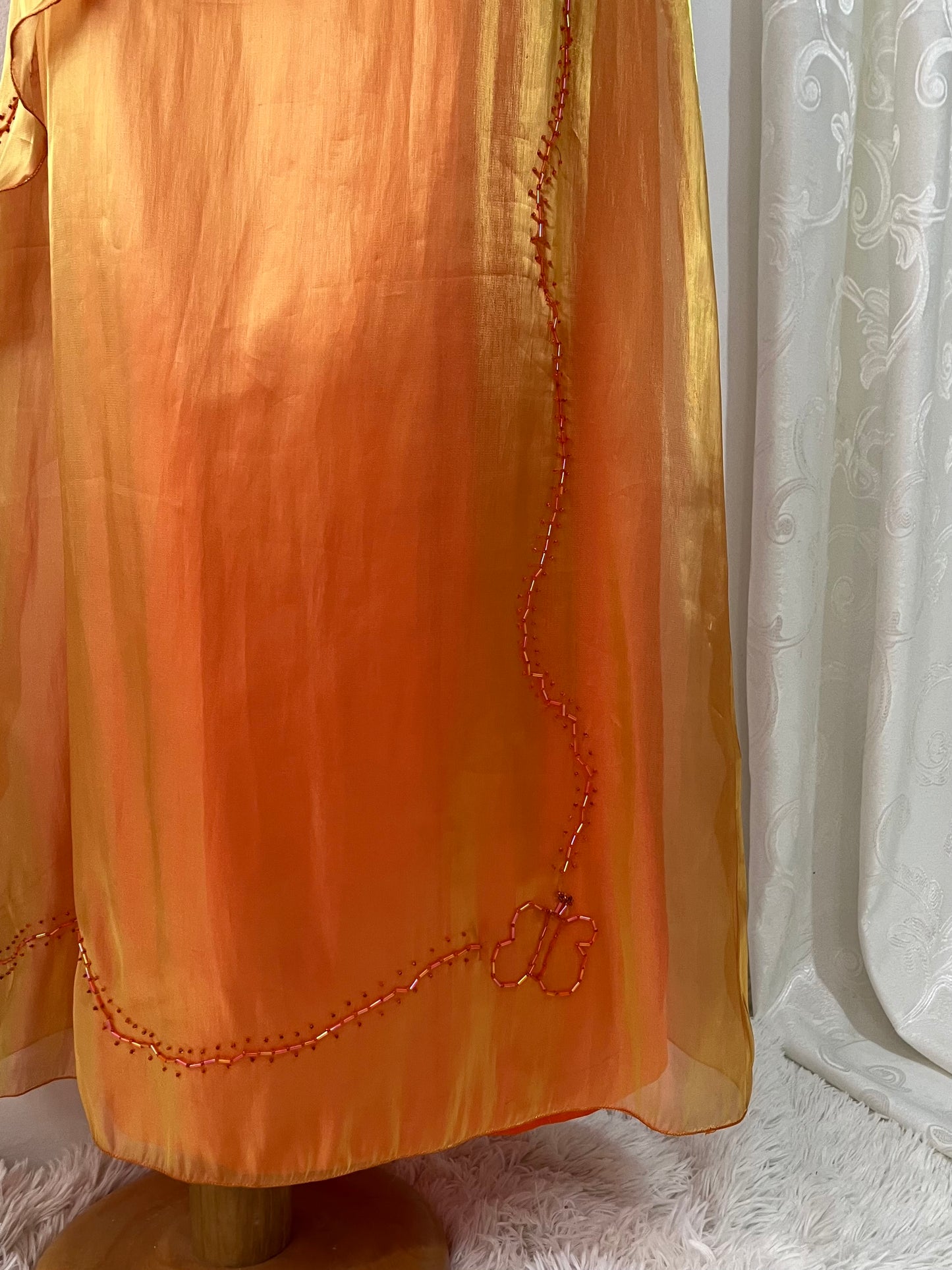Gradient amber gown with asymmetrical overskirt and beaded embroidery-size S