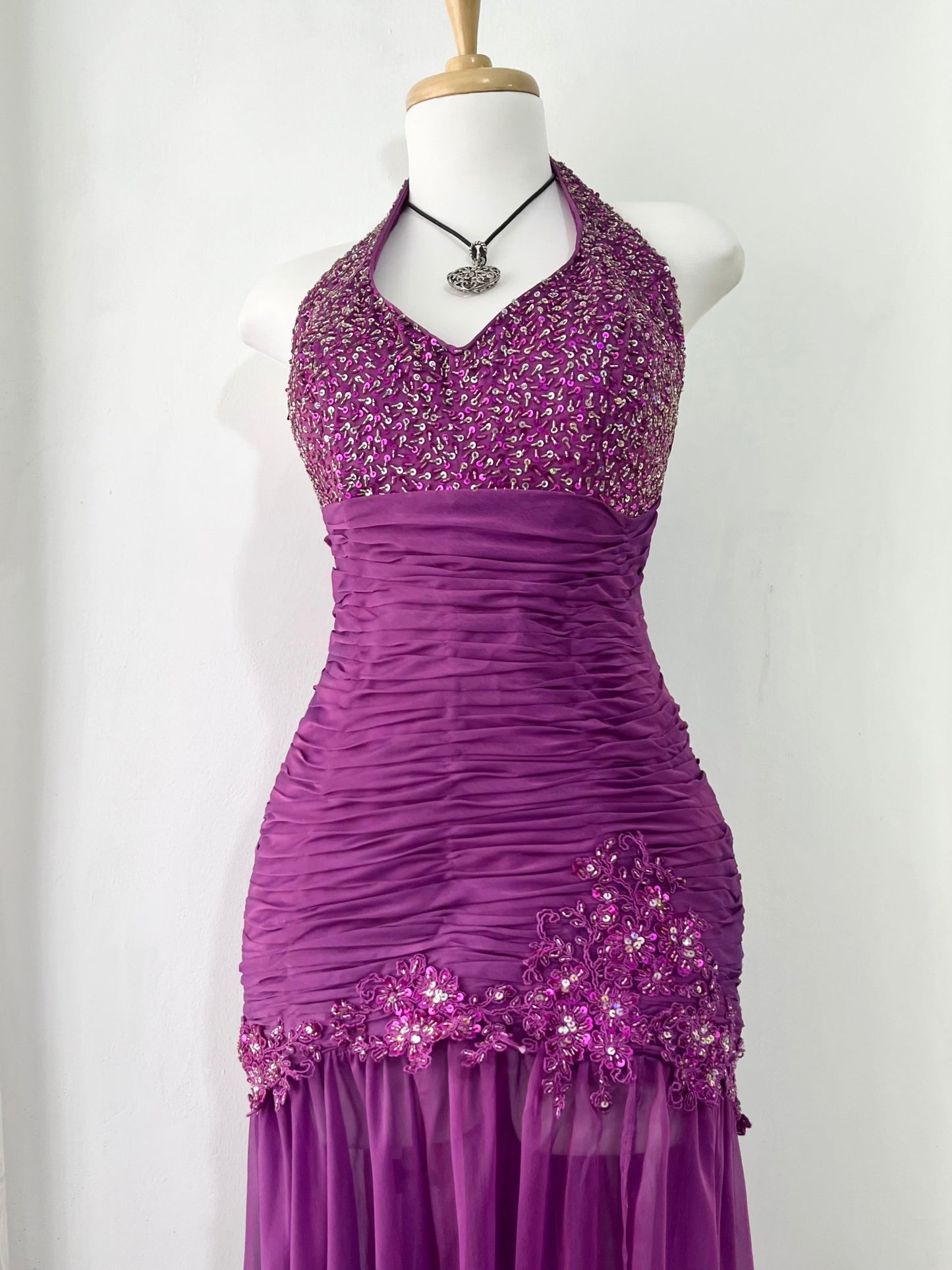 Purple corset dress with embroidered sequin and floral designs