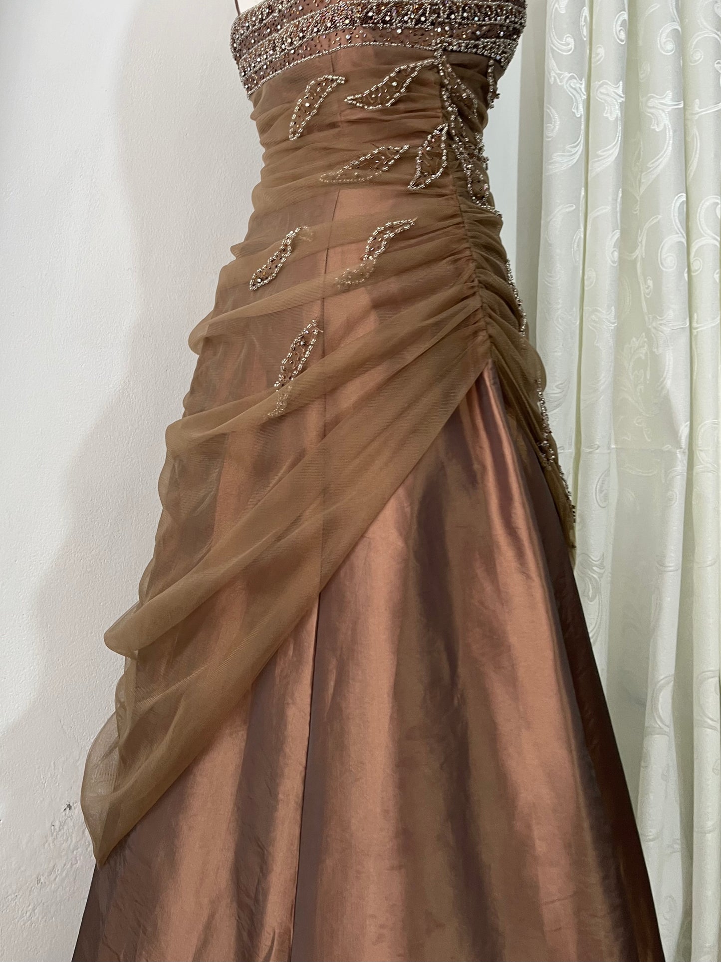 Bronze evening gown with embroidered designs of rhinestones and embellishments-size M
