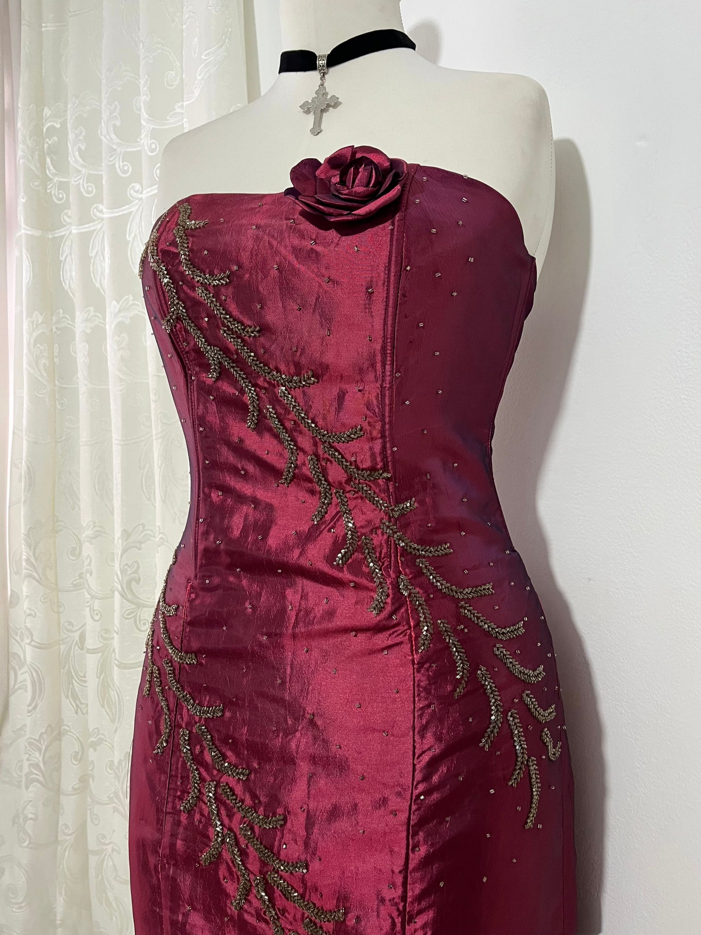 Iridescent burgundy corset dress with exquisite hand embroidery of sequins and rhinestones- size M