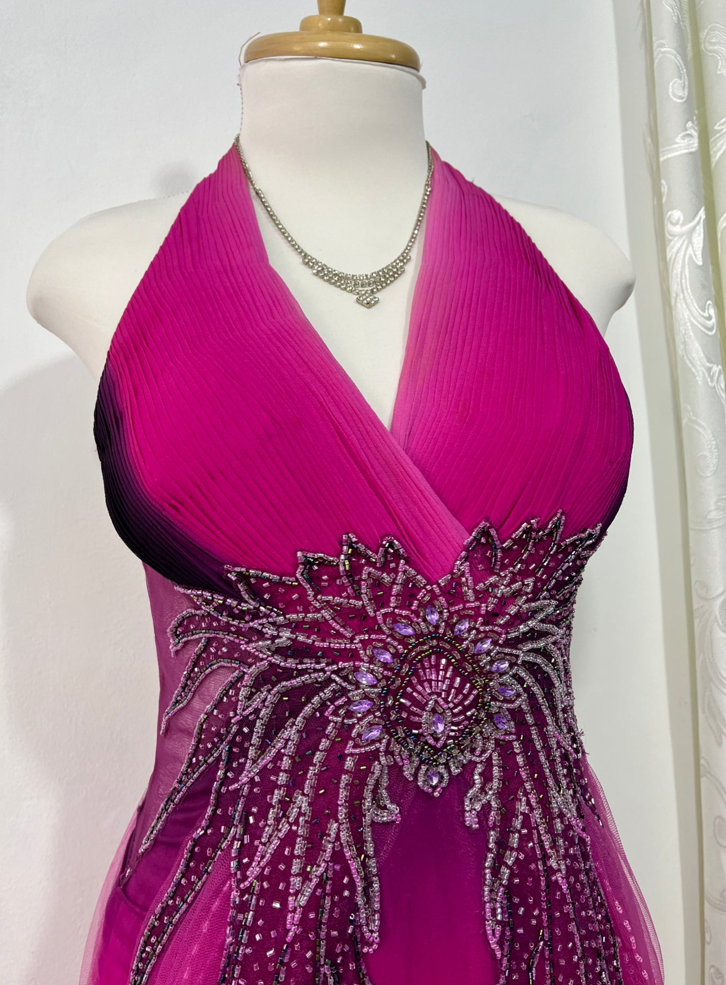Magenta silk and chiffon dress with rhinestones and fine embroidered sequins