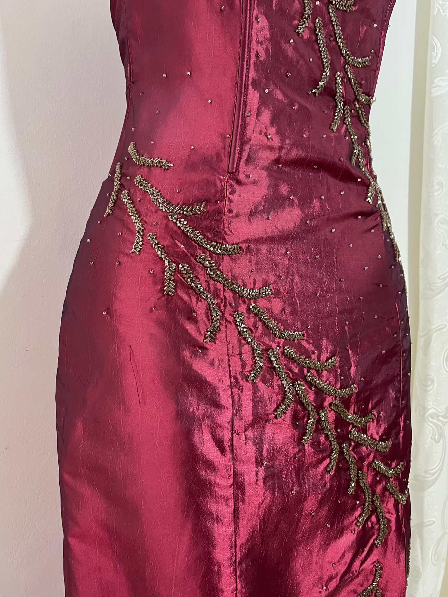 Iridescent burgundy corset dress with exquisite hand embroidery of sequins and rhinestones- size M
