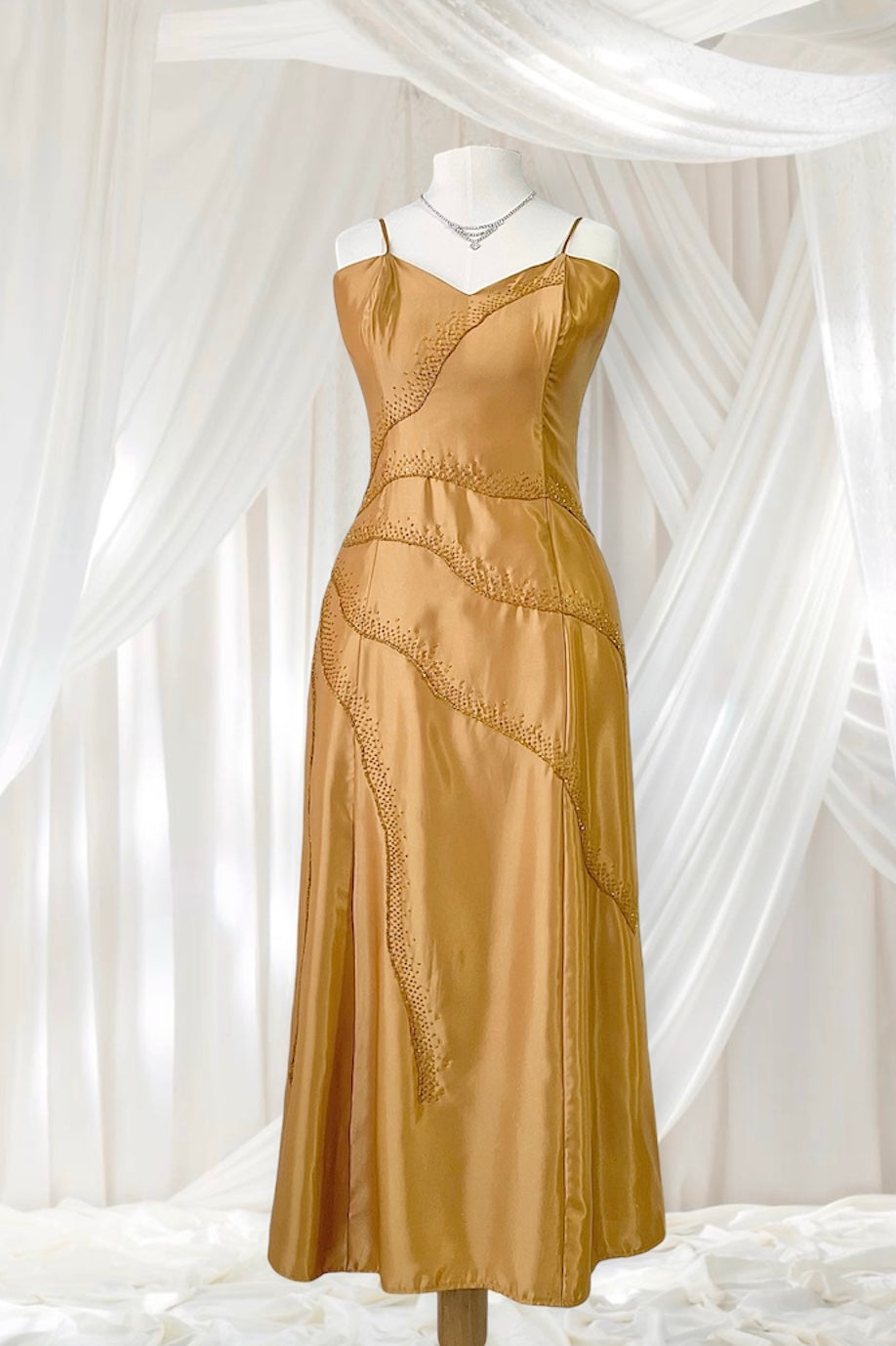 Honey yellow corset dress with hand embroidered rhinestones and beads-size L