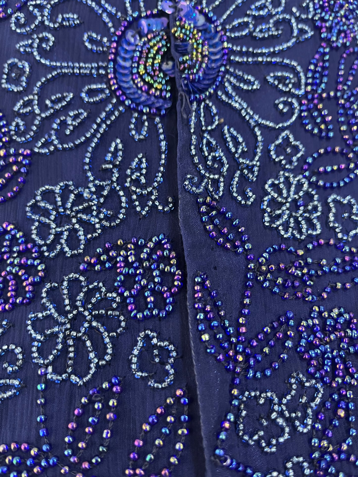 Navy silk mini dress with exquisite handmade raised floral embroidery-size S