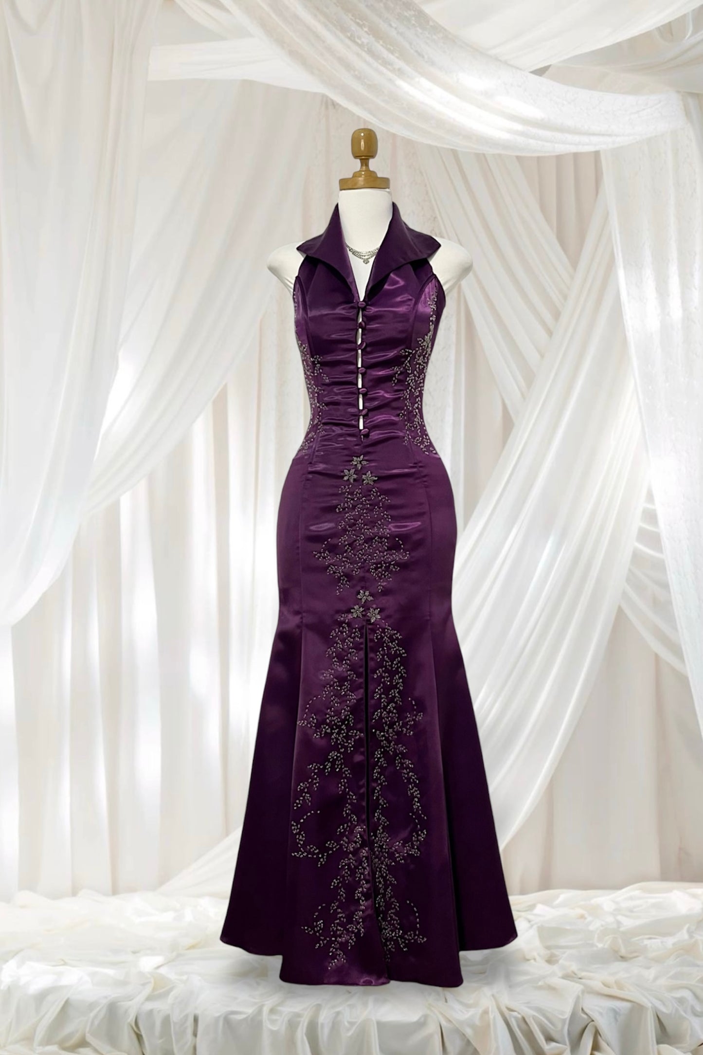 Corset evening dress in a vibrant purple color with exquisite handmade floral embroidery- size S