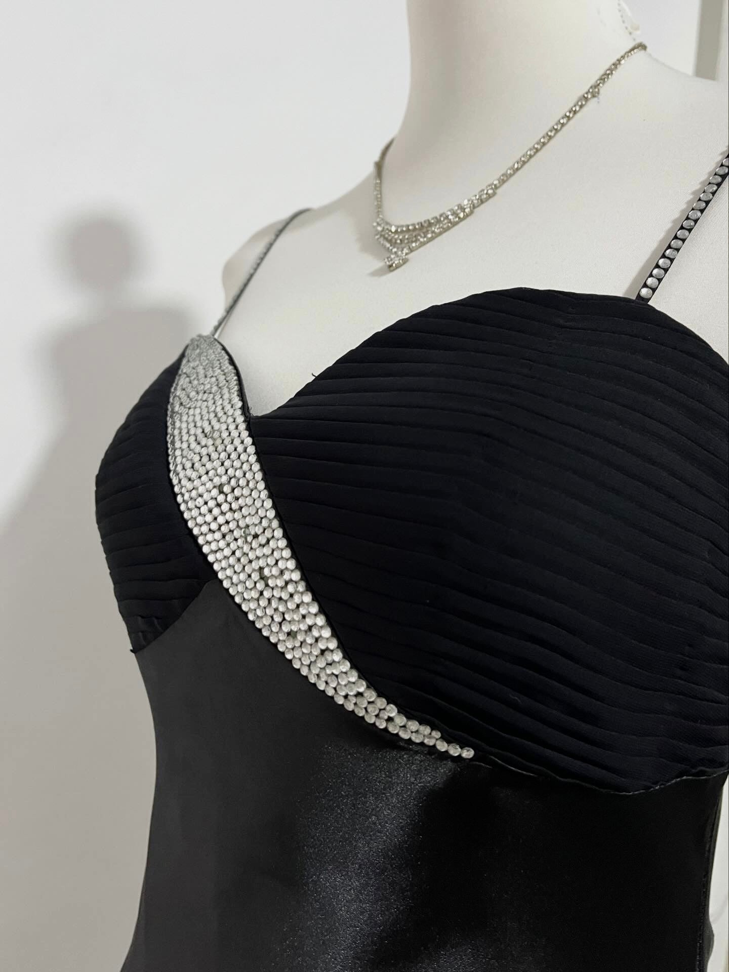 Noir silk satin dress with silver appliqués