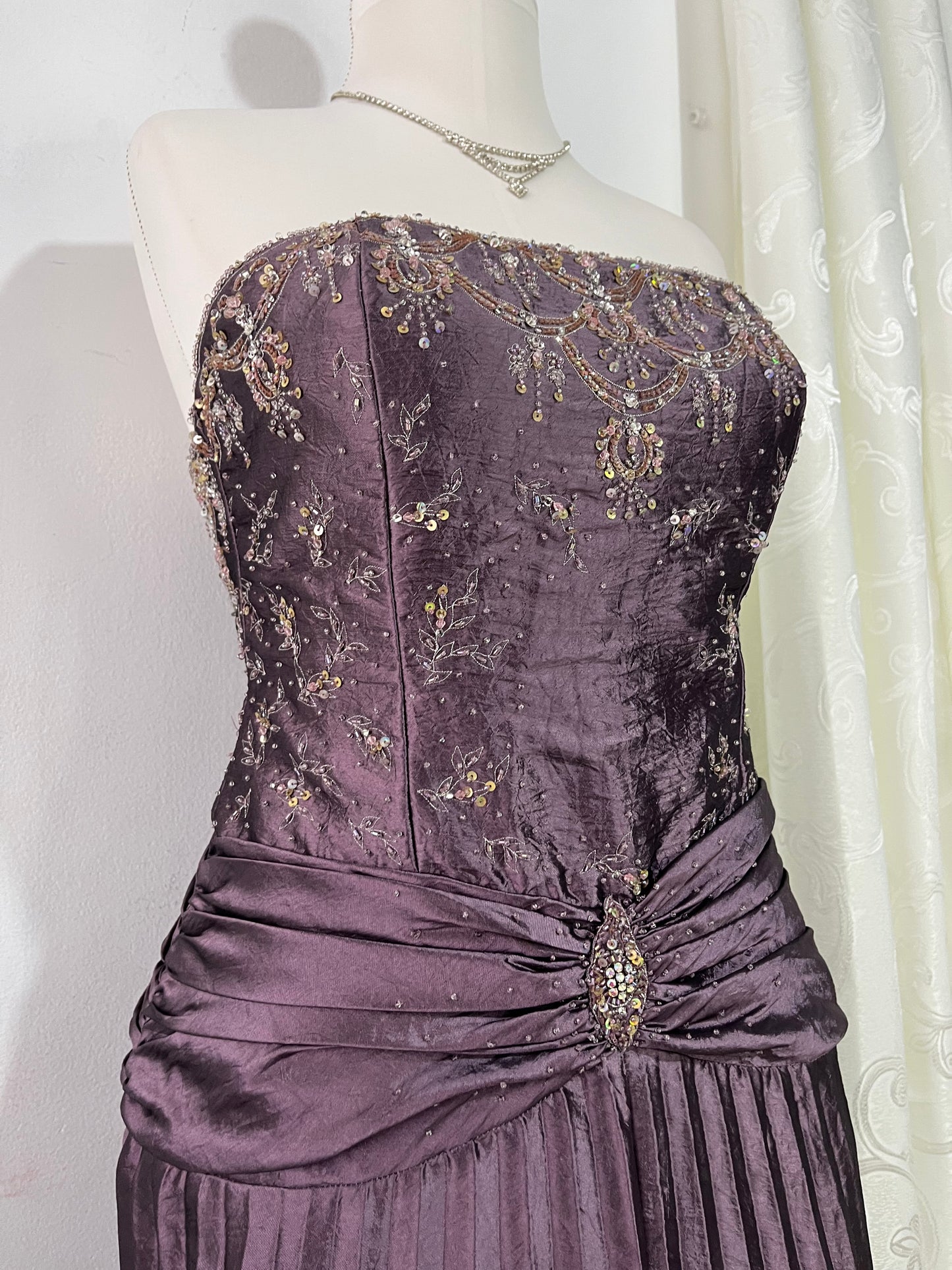 Vintage taffeta evening corset dress with hand embroidered embellishments and rhinestones