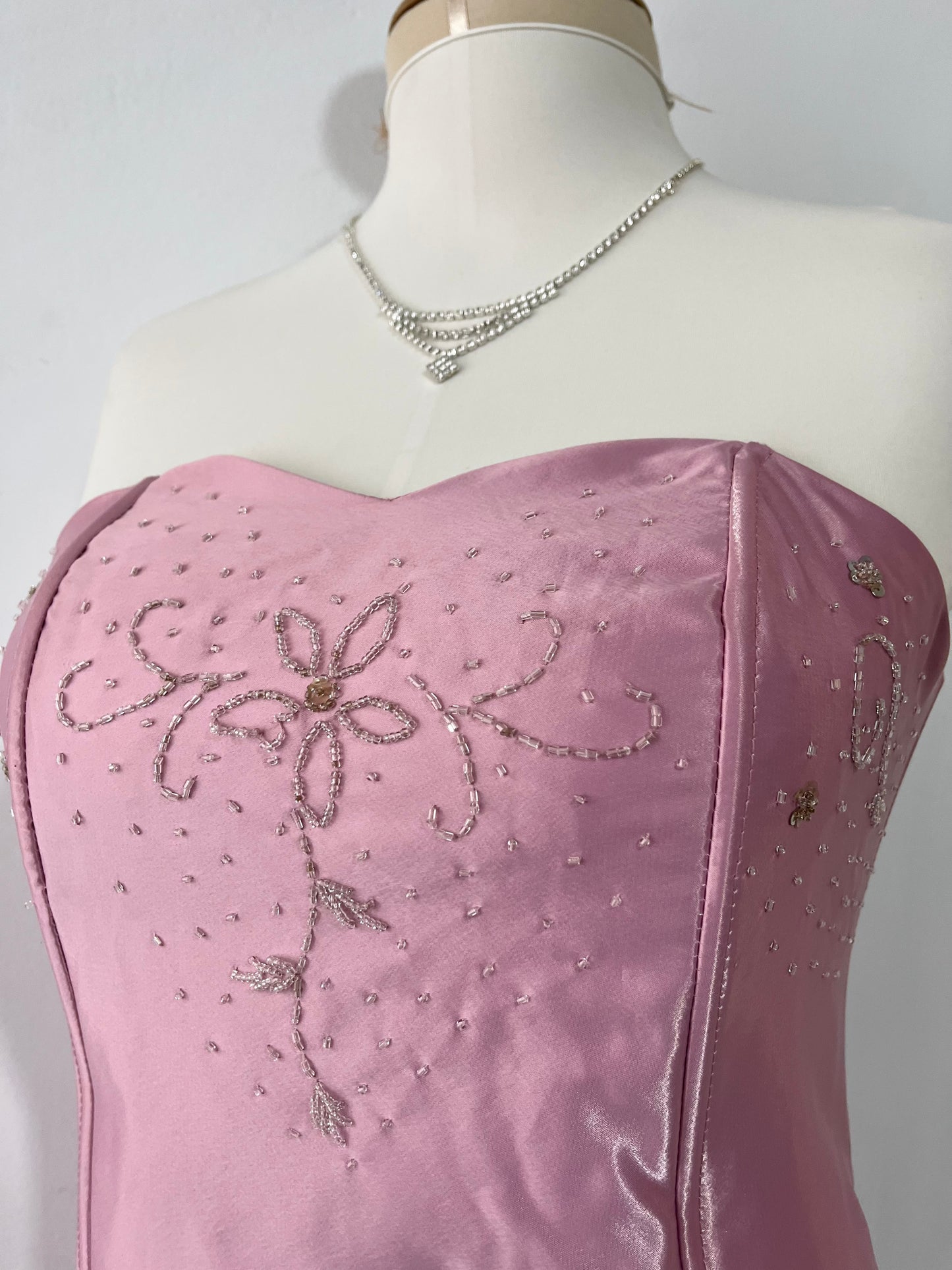 Mauve pink corset gown with sequin designs and hand-embroidered embellishments-size M