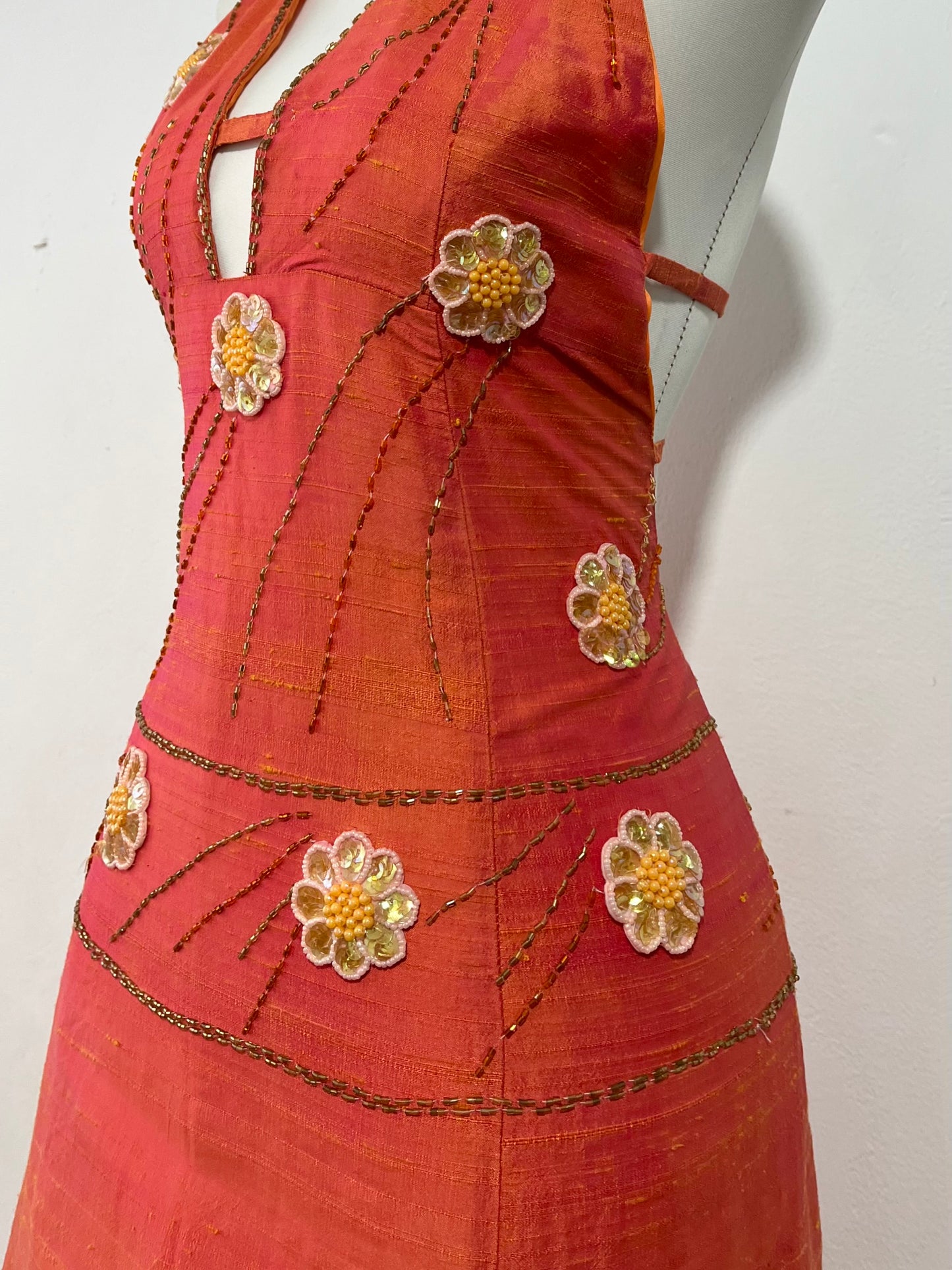 Vintage iridescent halter dress in silk shantung with rhinestone, sequin, and embellishment embroidery- size XS