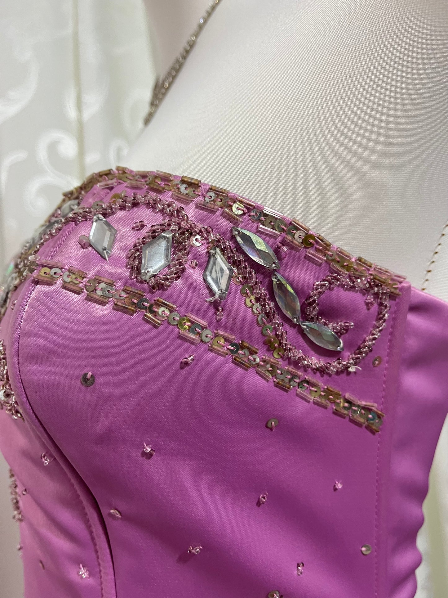 Asymmetrical midi corset dress in lilac pink satin with rhinestone and bead embroidery- size S